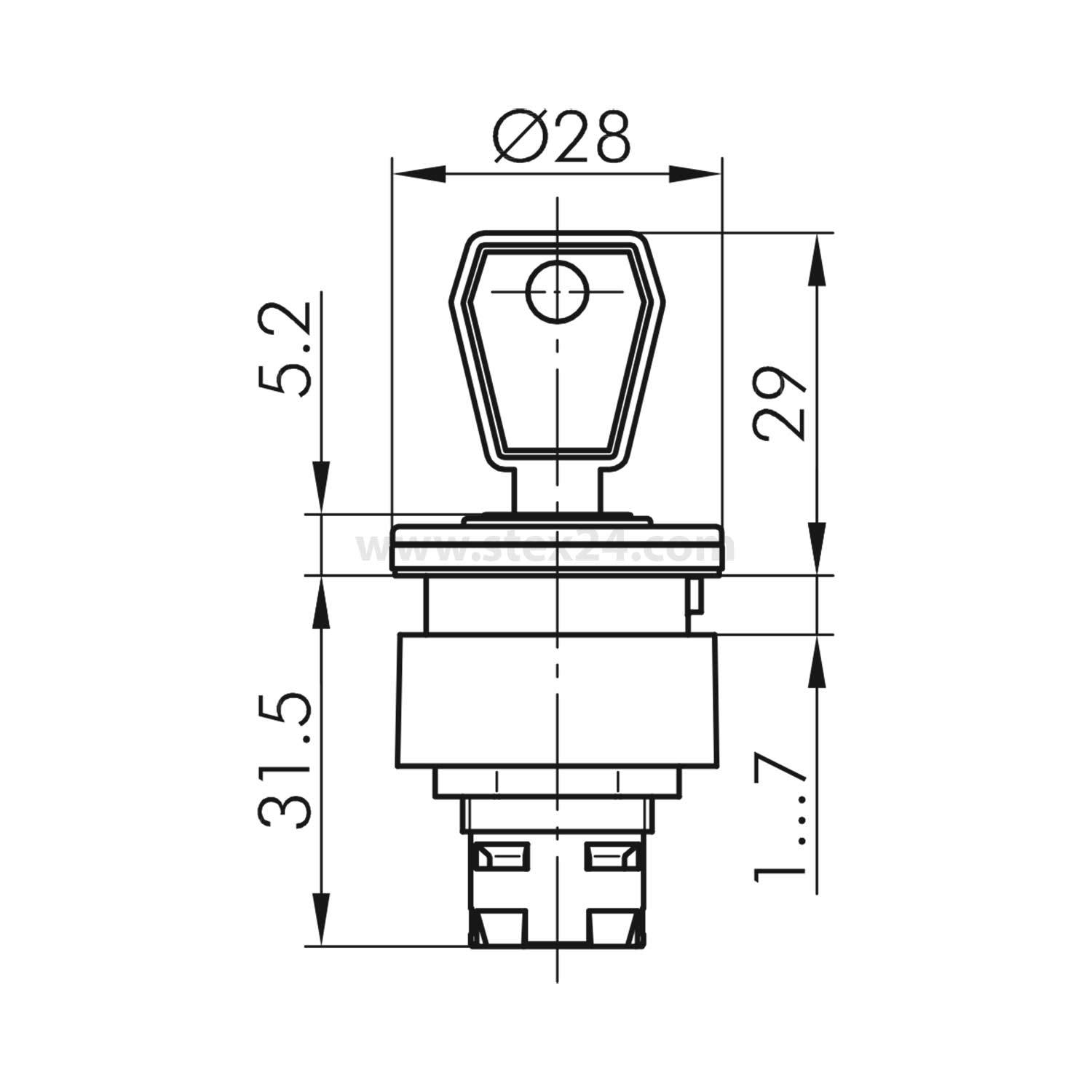 Technische Zeichnung eines Schlosschalters, beschriftet mit Maßen: Durchmesser 28 mm, Höhe 31,5 mm und Schlüssellochchöhe 29 mm.