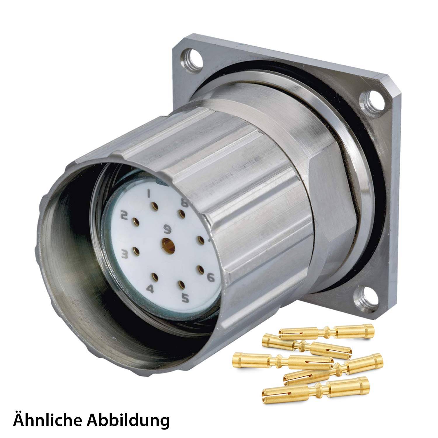 Ein metallischer industrieller Steckverbinder, dargestellt mit mehreren Pins, geeignet für raue Umgebungen. Text lautet 'Ähnliche Abbildung', was bedeutet 'similar image'.