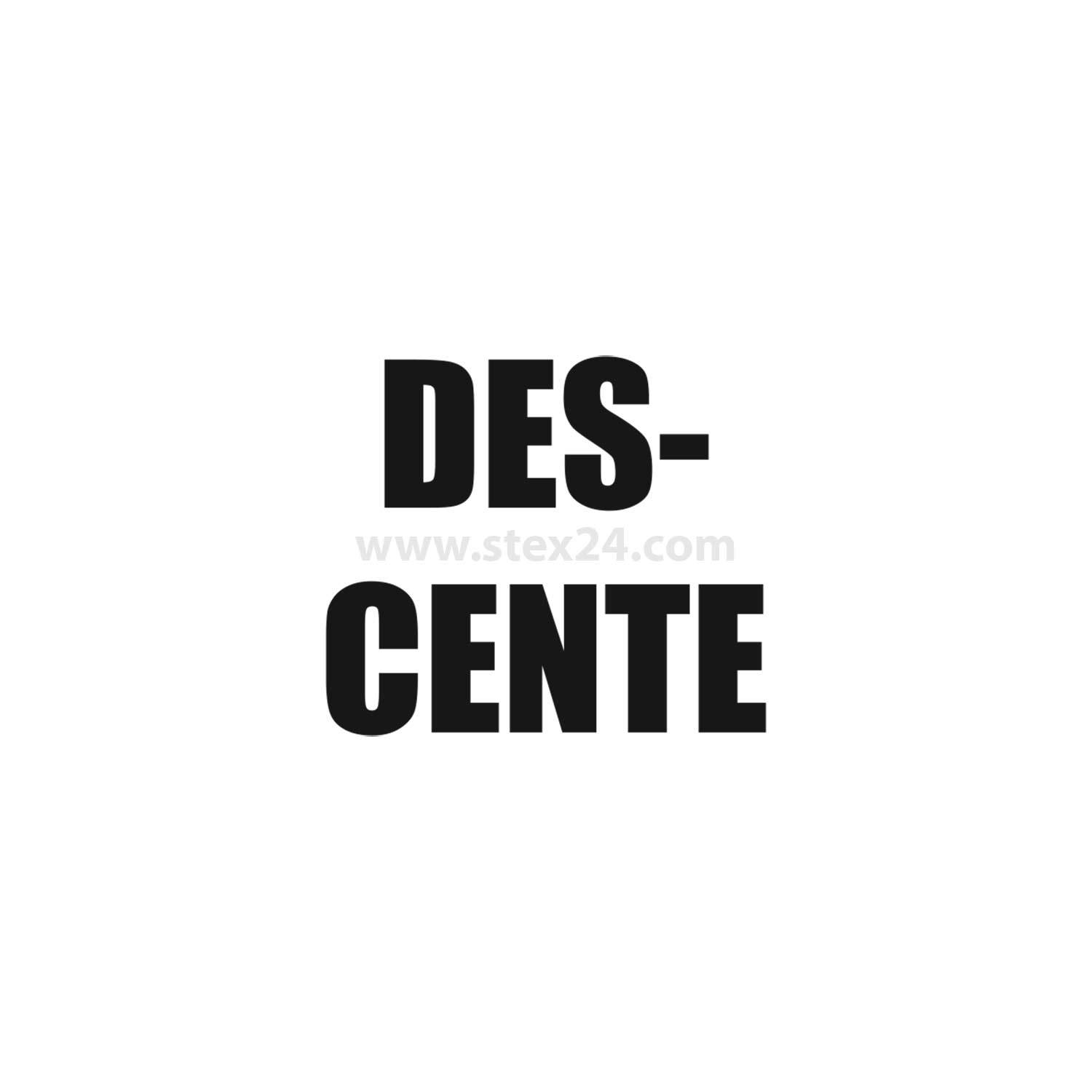 DESCENTE' in fetten schwarzen Buchstaben auf weißem Hintergrund.