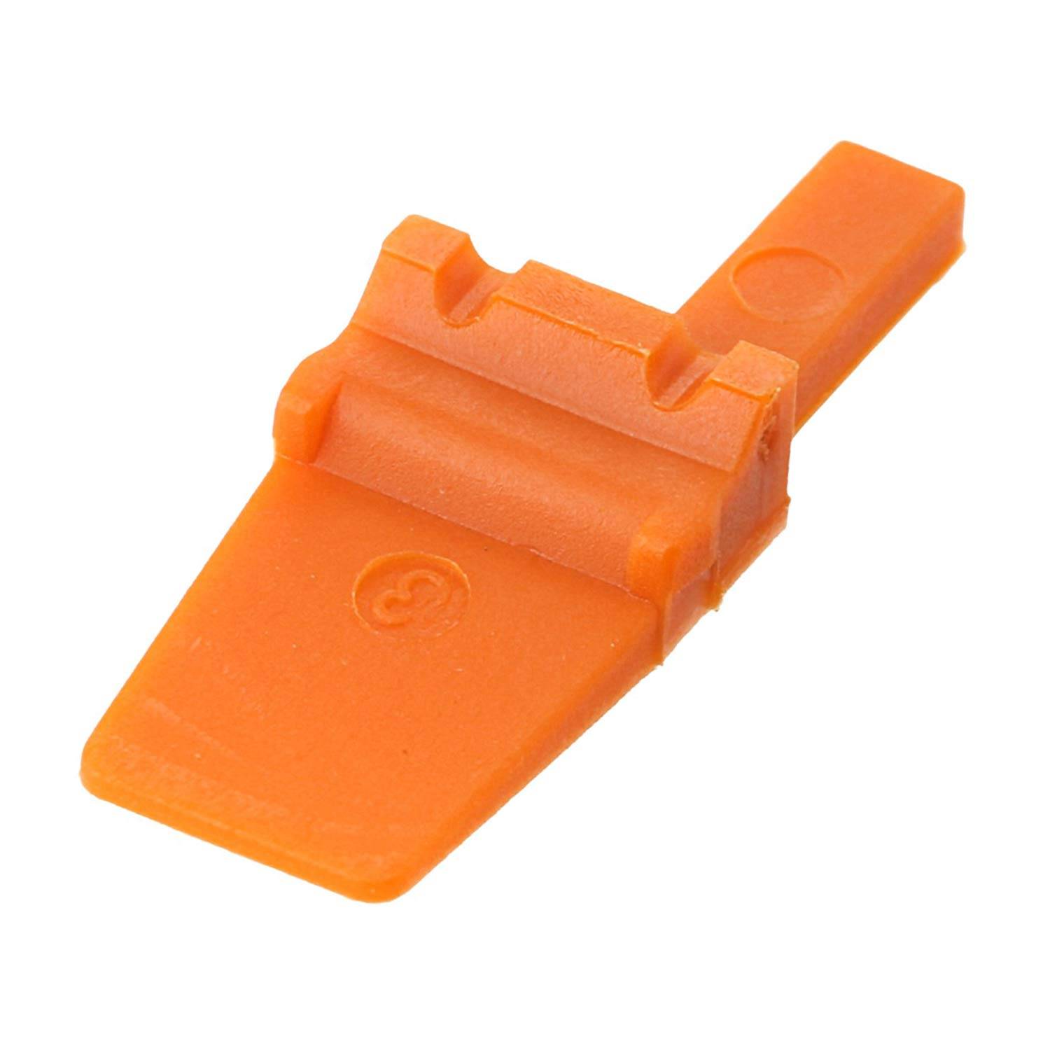 Ein orangefarbener Kunststoff-Rasierklingenabzieher zum Entfernen von Aufklebern und Aufschriften, mit abgeschrägter Kante und Griffbereich.