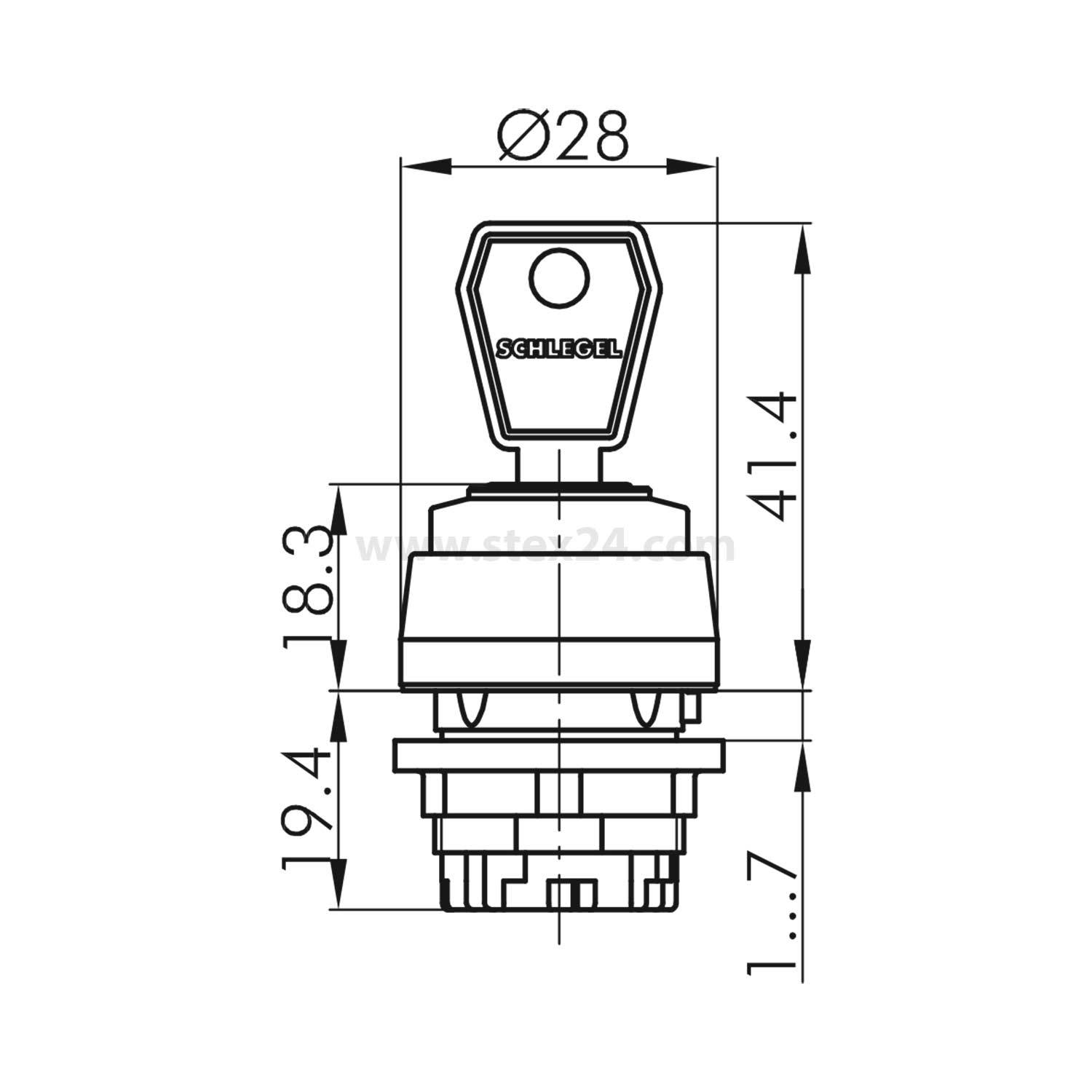 Diagramm eines Schlegel-Schlüsselschalters mit Maßangaben. Abmessungen umfassen einen Durchmesser von 28 mm, eine Höhe von 41,4 mm und verschiedene Komponentengrößen.