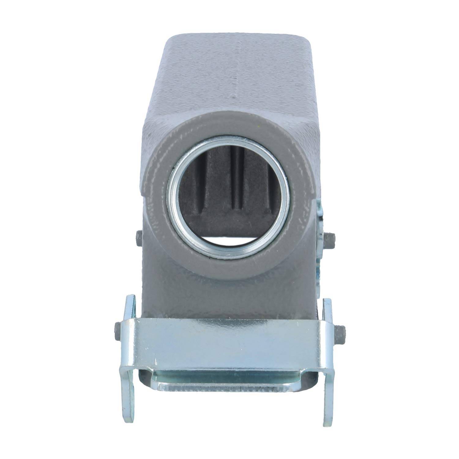 Eine Metalltürscharnierhalterung mit einer kreisförmigen Öffnung, entwickelt für industrielle Maschinen. Die Halterung ist grau mit einer metallfarbenen Oberfläche.