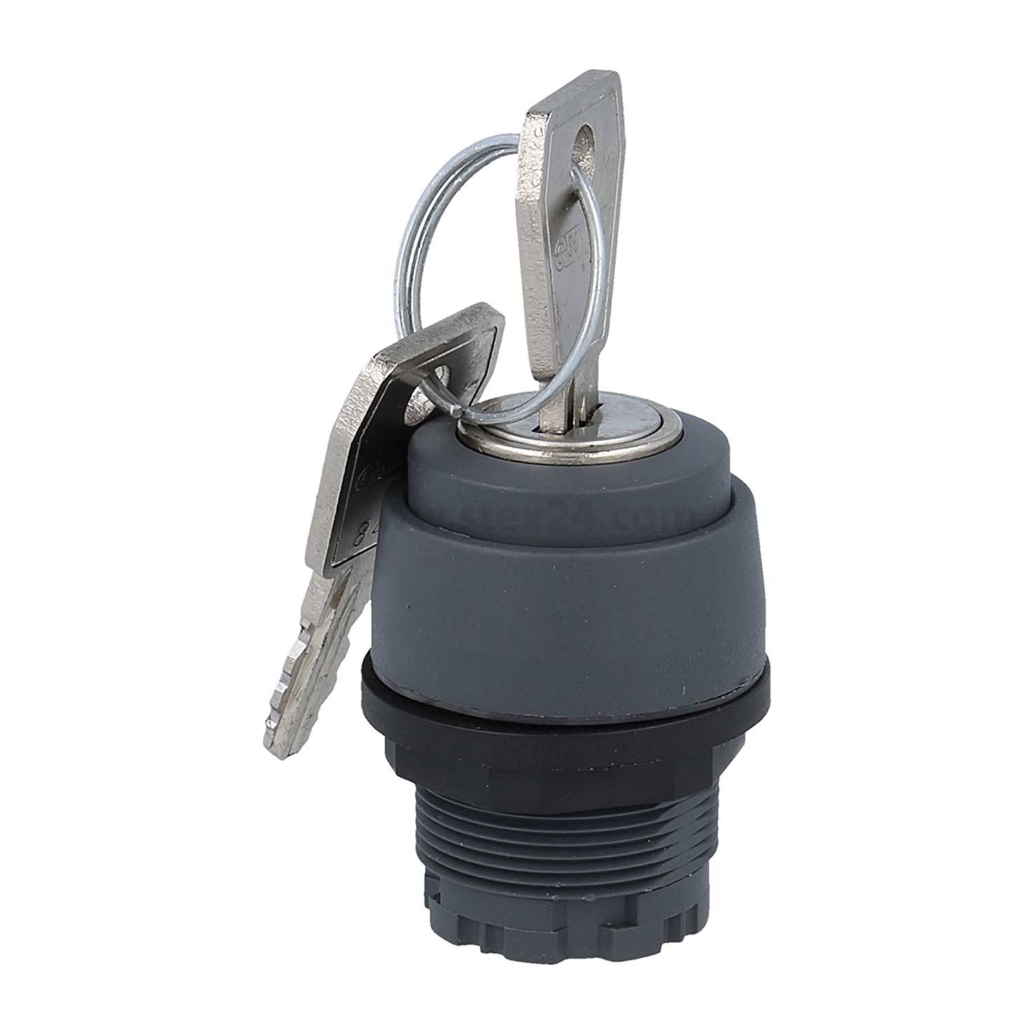 Ein Metallschlüssel, der in einen schwarzen und grauen Zylinderschloss eingeführt wird, mit einem zusätzlichen Ersatzschlüssel an einem Schlüsselring.