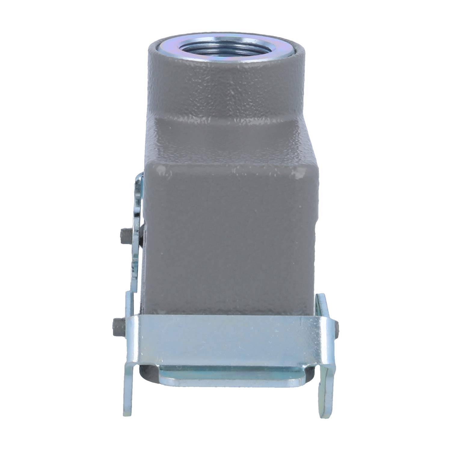 Ein grauer, rechteckiger elektrischer Leitungskörper mit einer kreisförmigen Öffnung oben, auf einer metallischen Basis montiert, der üblicherweise für Leitungsverbindungen verwendet wird.