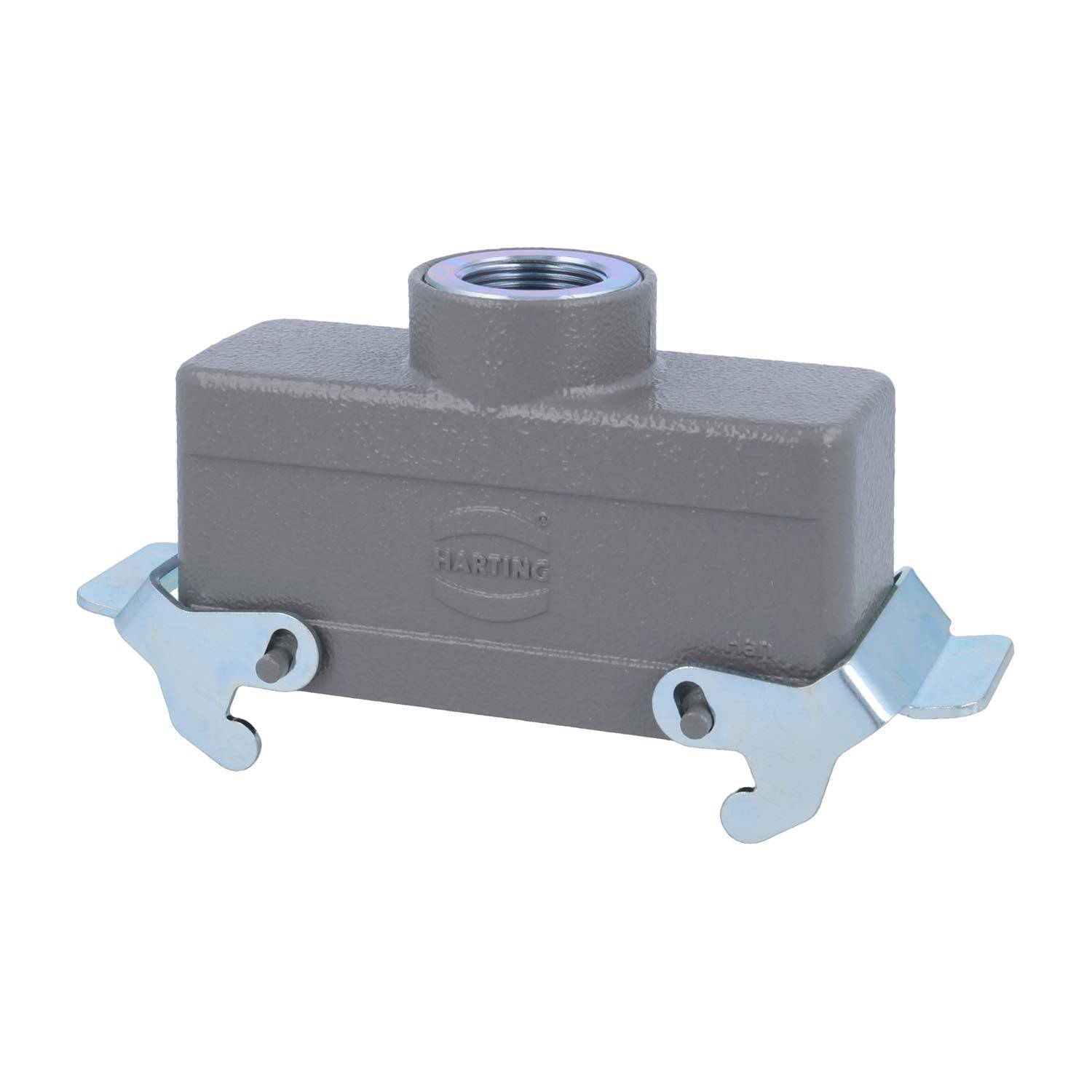 Metallisches rechteckiges elektrisches Anschlussgehäuse mit einer oben montierten Gewindeeinführung und zwei Befestigungsklemmen an der Basis.