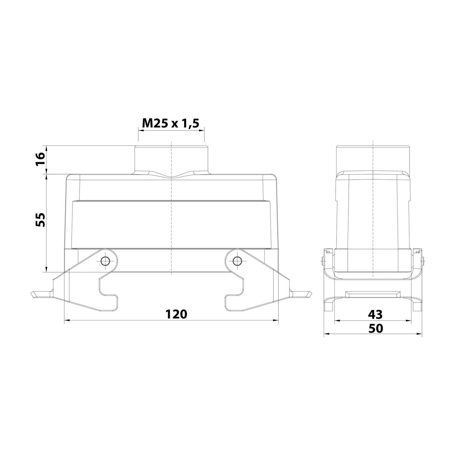 04300241465 HARTING Han 24B Tüllengehäuse niedrig, 1xM25 gerader Kabelabgang, mit 2 Querbügeln Verschraubung M25