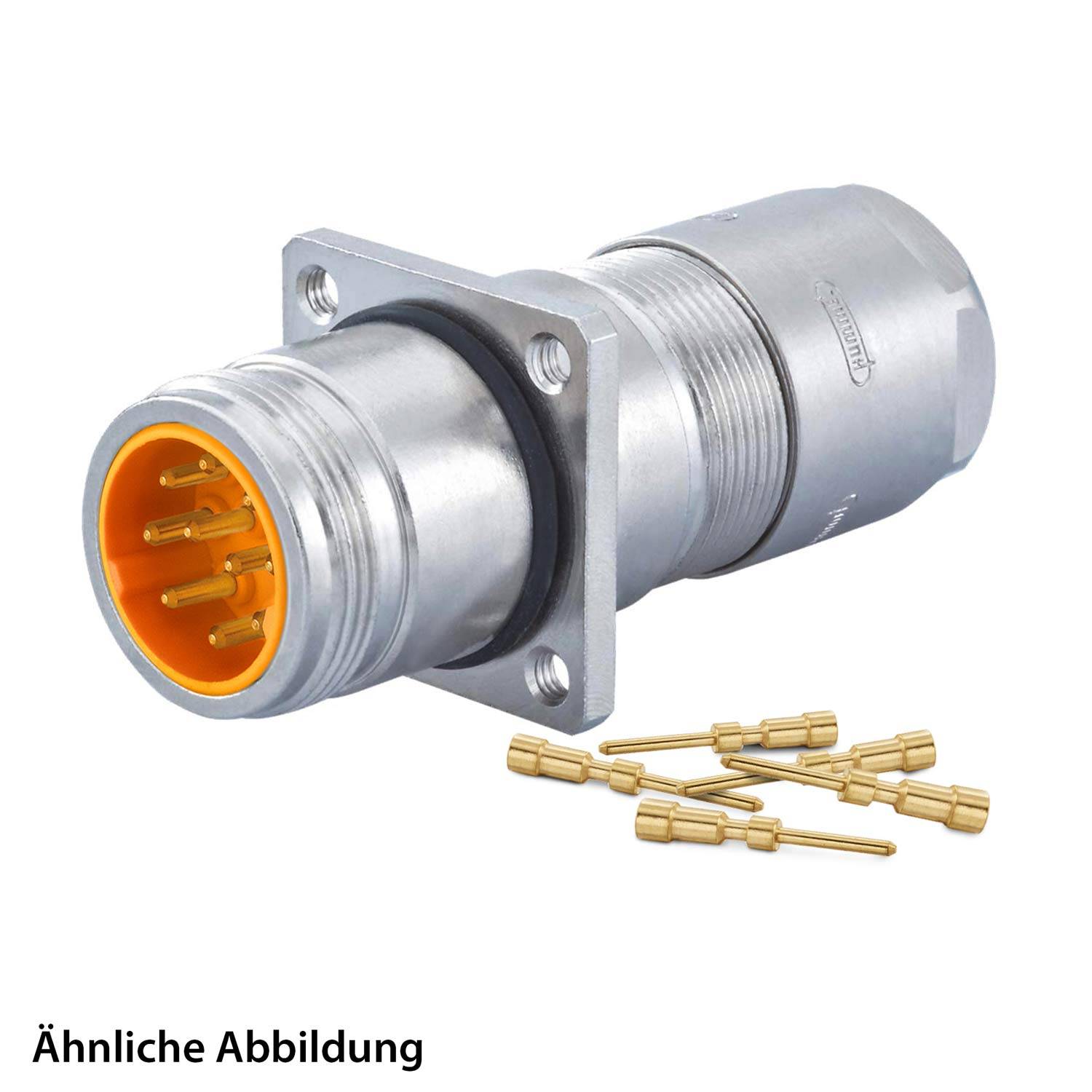 Ein metallischer zylindrischer Anschluss mit orangefarbenem Innenraum und mehreren Pins, zusammen mit einigen losen Pins, auf einem weißen Hintergrund.