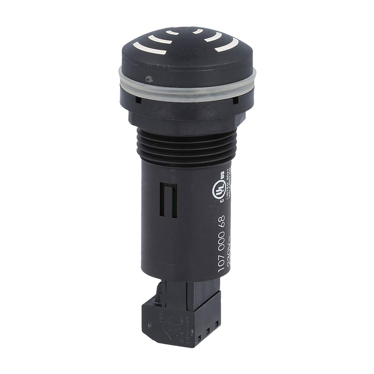 Eine schwarze, zylindrische Industriekomponente mit Rillen an der Oberseite; gekennzeichnet mit '9700068' und Zertifizierungssymbolen. Verwendet für Maschinen.