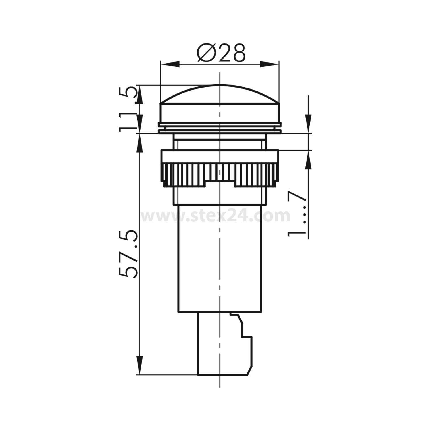 Technische Zeichnung einer runden LED-Leuchte, Abmessungen einschließlich Durchmesser Ø28, Höhe 57,5. Zeigt Seitenansicht mit detaillierten Komponenten.