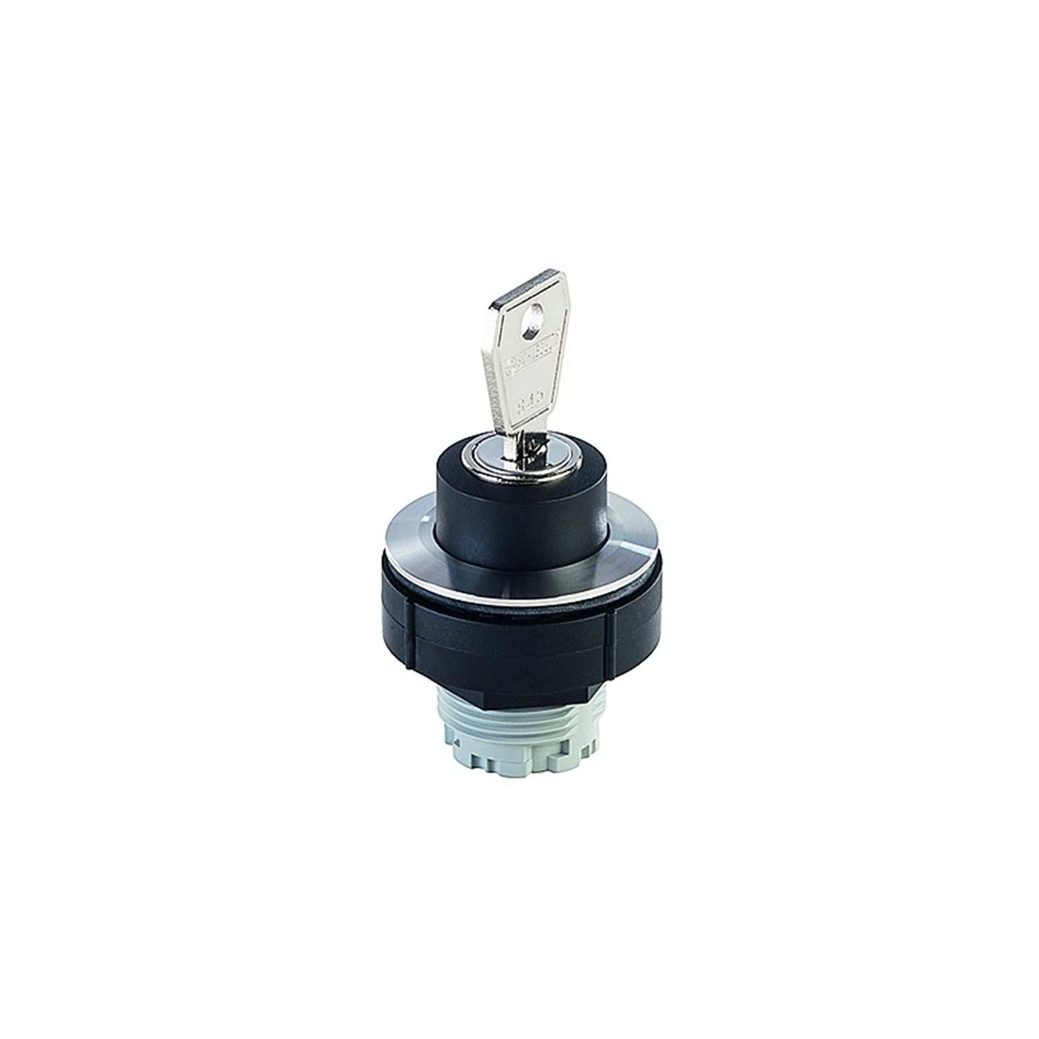 Ein Schlüsselschalter auf weißem Hintergrund. Der Schlüssel ist in einen schwarzen und silbernen kreisförmigen Schalter eingesteckt, der zur Steuerung von Geräten oder zum Zugriffskontrolle verwendet wird.