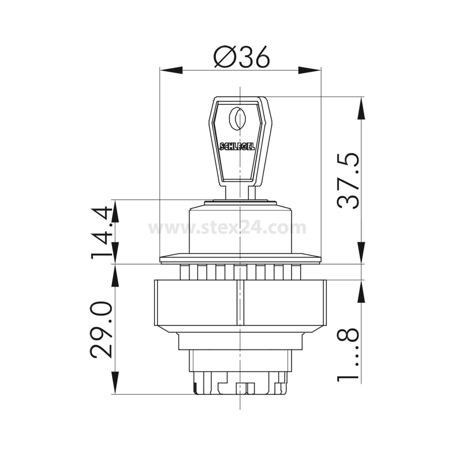 Eine technische Zeichnung eines Schlüsselschalters mit Abmessungen: Gesamthöhe 37,5 mm, Körperdurchmesser Ø36 mm und Basislängen von 29 mm und 1,8 mm.