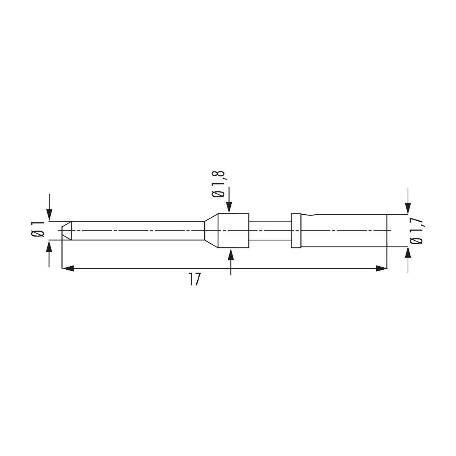 Eine technische Zeichnung einer zylindrischen Metallkomponente, die Abmessungen und Durchmessermarkierungen zeigt: 17 Einheiten lang mit verschiedenen Durchmessern.