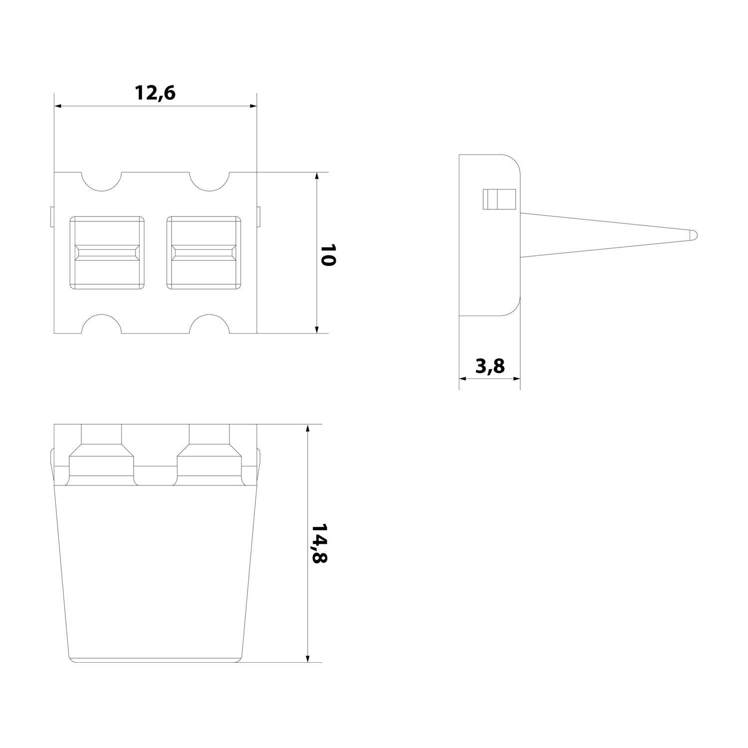 Technische Zeichnung zur Darstellung der Anschlussabmessungen: Breite 12,6 mm, Höhe 10 mm, Tiefe 14,8 mm, mit einem Vorsprung von 3,8 mm.