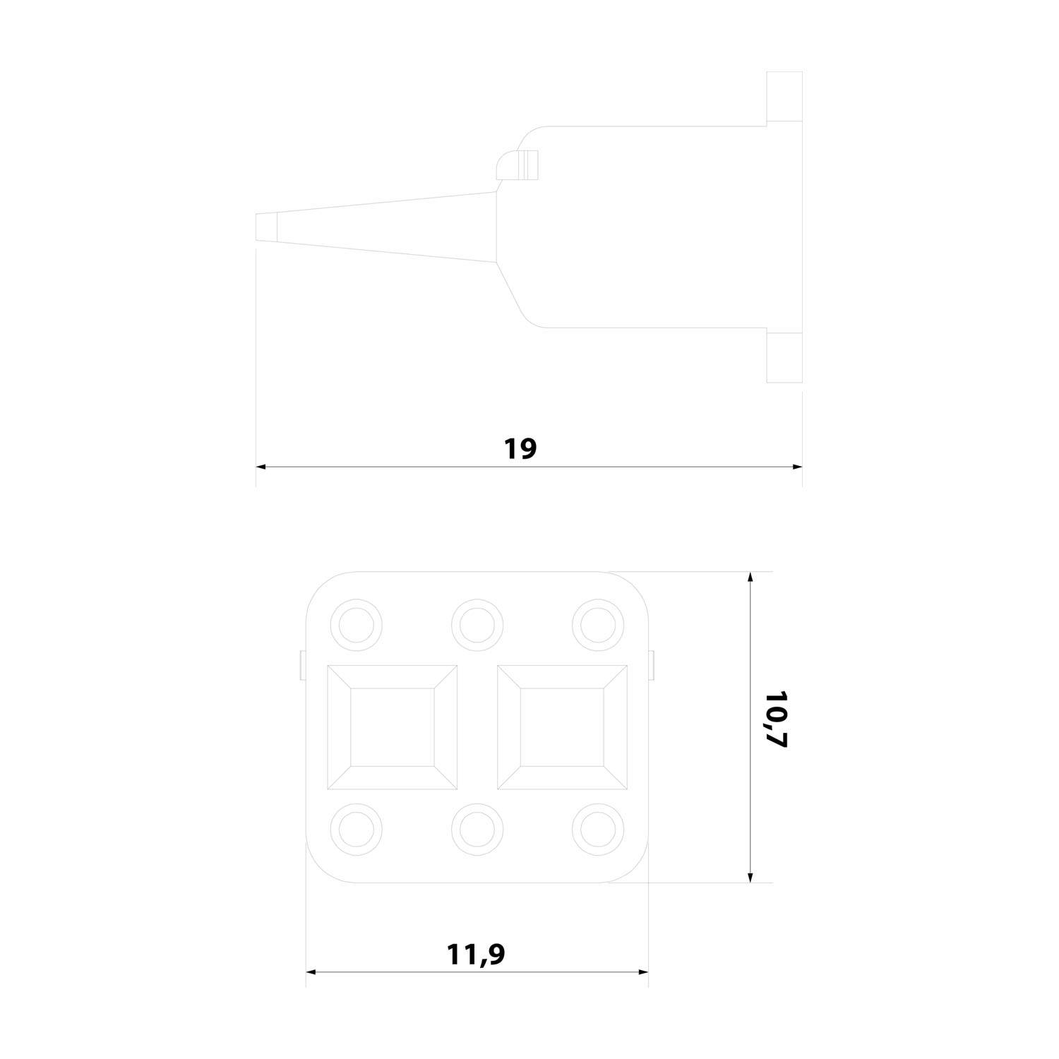 Technische Zeichnung einer Komponente mit Drauf- und Seitenansicht. Die Draufsicht zeigt sechs Schrauben und Maße: 11,9 mm Breite, 10,7 mm Höhe. Die Seitenansicht stellt eine Projektion mit einer Länge von 19 mm dar.
