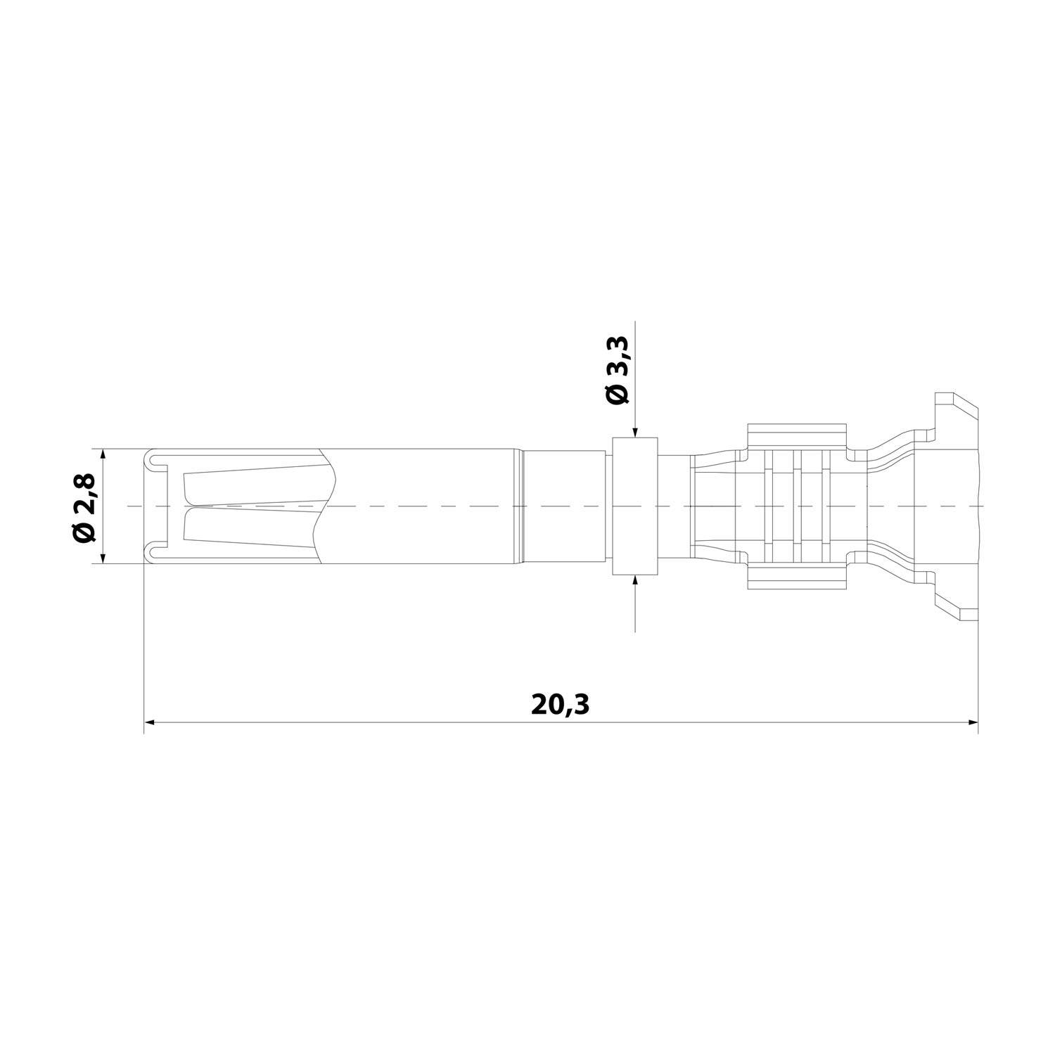 Technische Zeichnung einer zylindrischen Komponente, beschriftet mit Dimensionen: 20,3 Länge, 3,3 Durchmesser an einem Ende und 2,8 am anderen Ende.