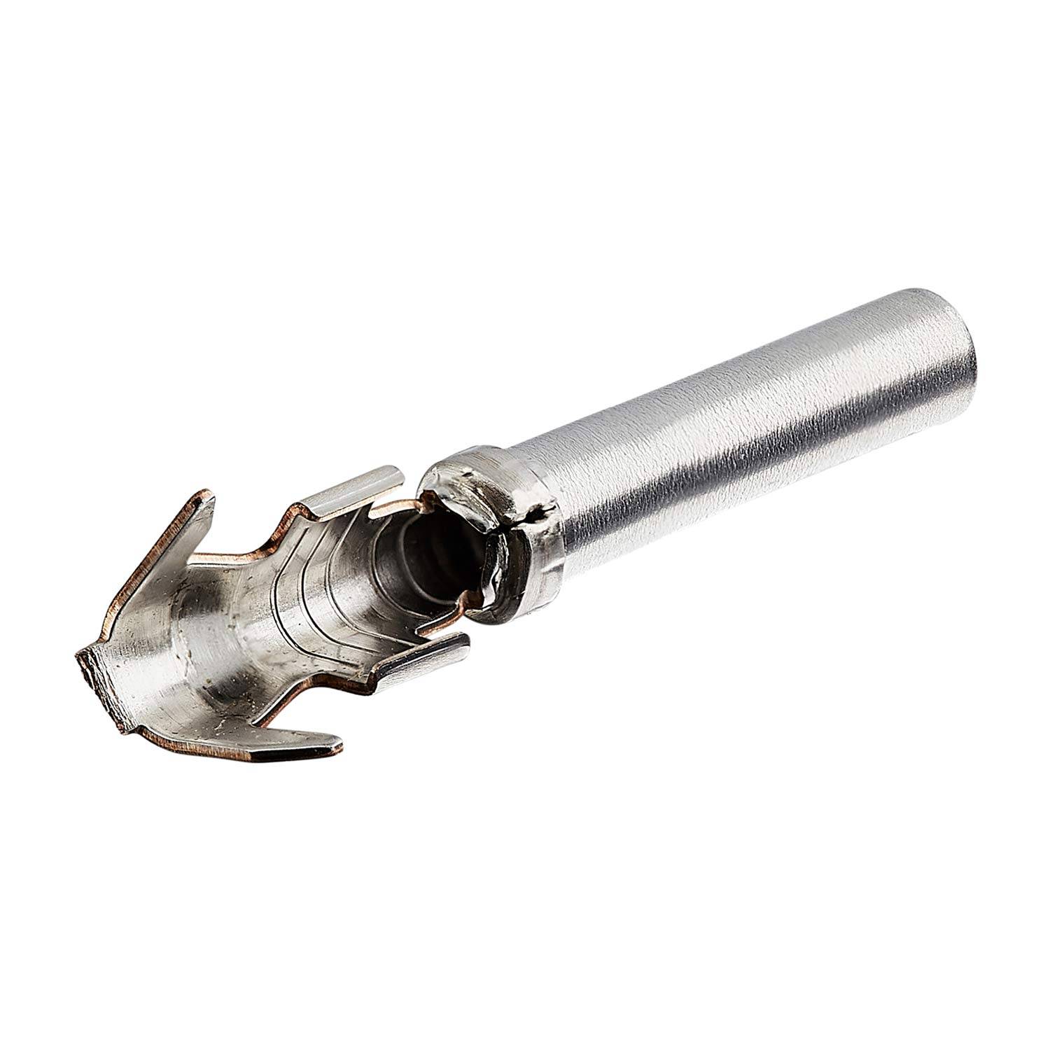 Ein Metallausstecher mit einem zylindrischen Griff und einer scharfen, gebogenen Klinge zum Aushöhlen von Obst oder Gemüse.