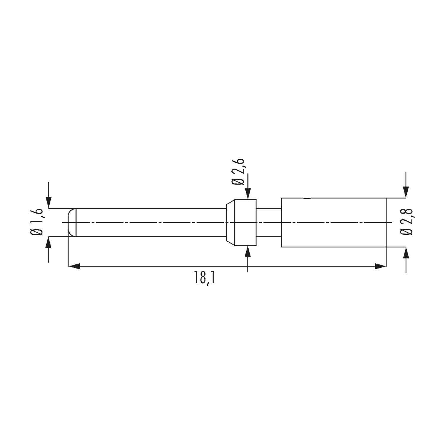 Technische Zeichnung eines zylindrischen Stifts mit Abmessungen: Länge 18,1 mm, Durchmesser 1,6 mm, Stufendurchmesser 2,6 mm und größerer Durchmesser 2,8 mm.