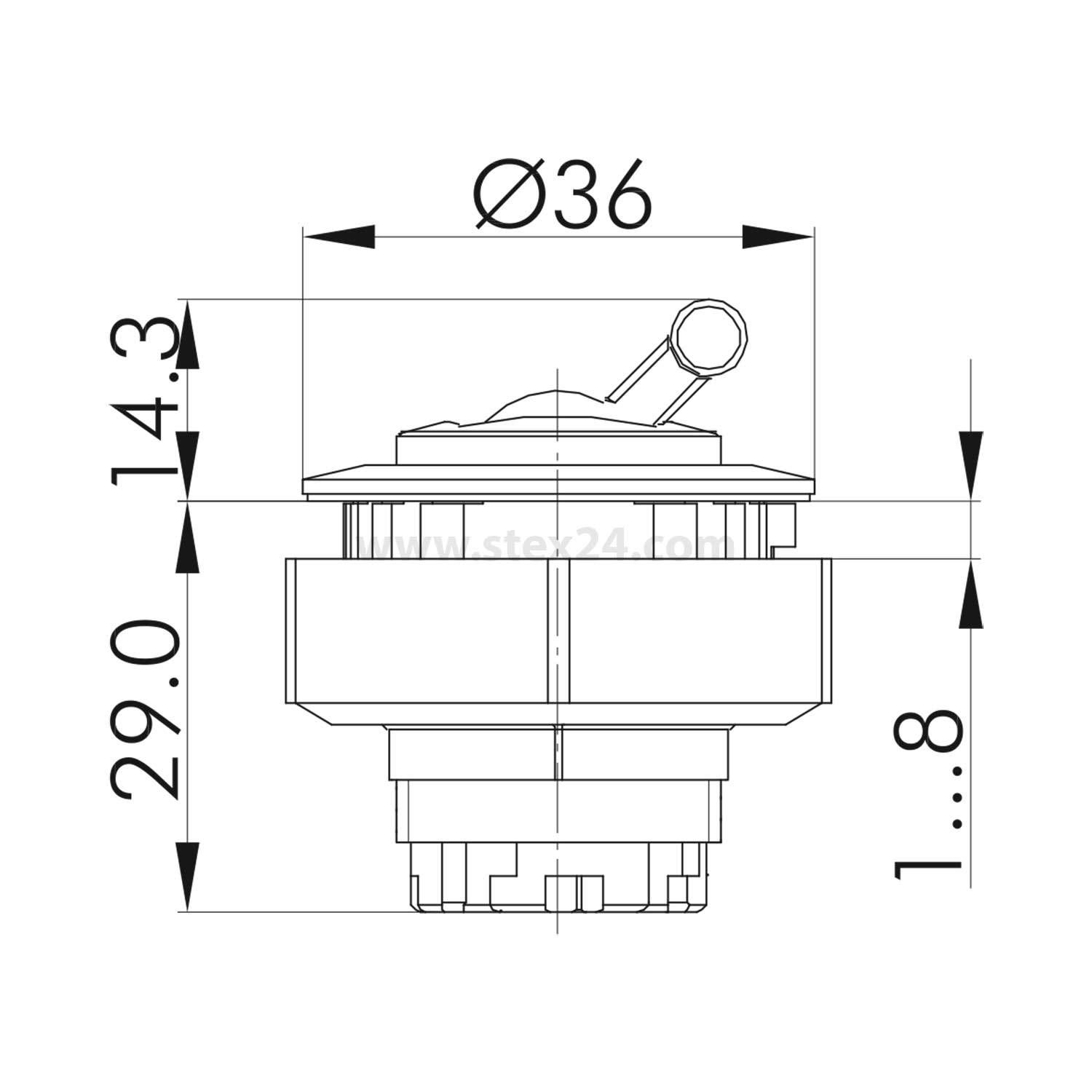 Technische Zeichnung eines Drehschalters mit Abmessungen: Durchmesser 36 mm, Höhe 14,3 mm, Basishöhe 29 mm und Bereich 8 mm.