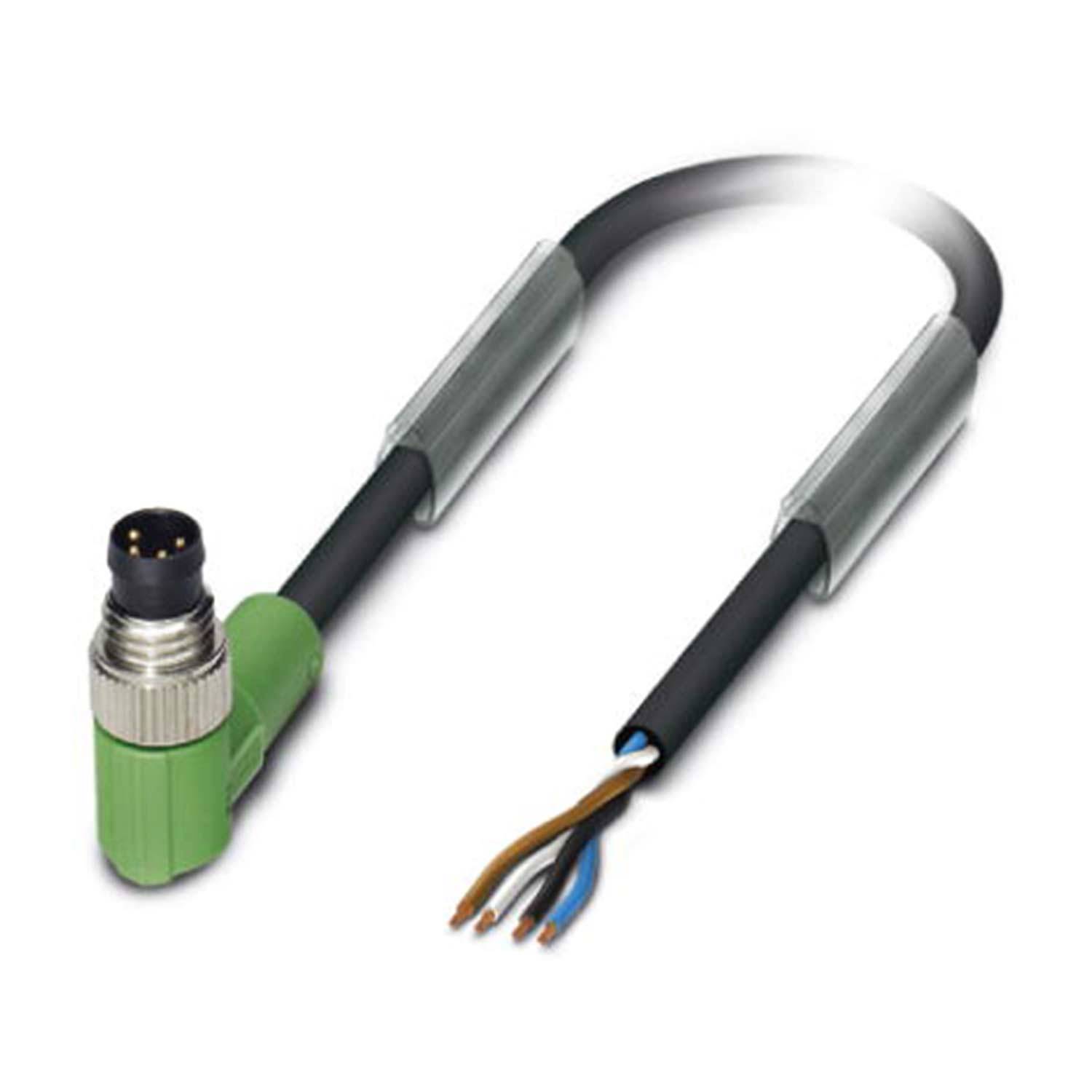 Ein schräg verlaufendes grünes Kabel mit einem Vier-Pin-Stecker, das sich am anderen Ende in drei verschiedenfarbige Drähte verzweigt, was Verbindungen andeutet.