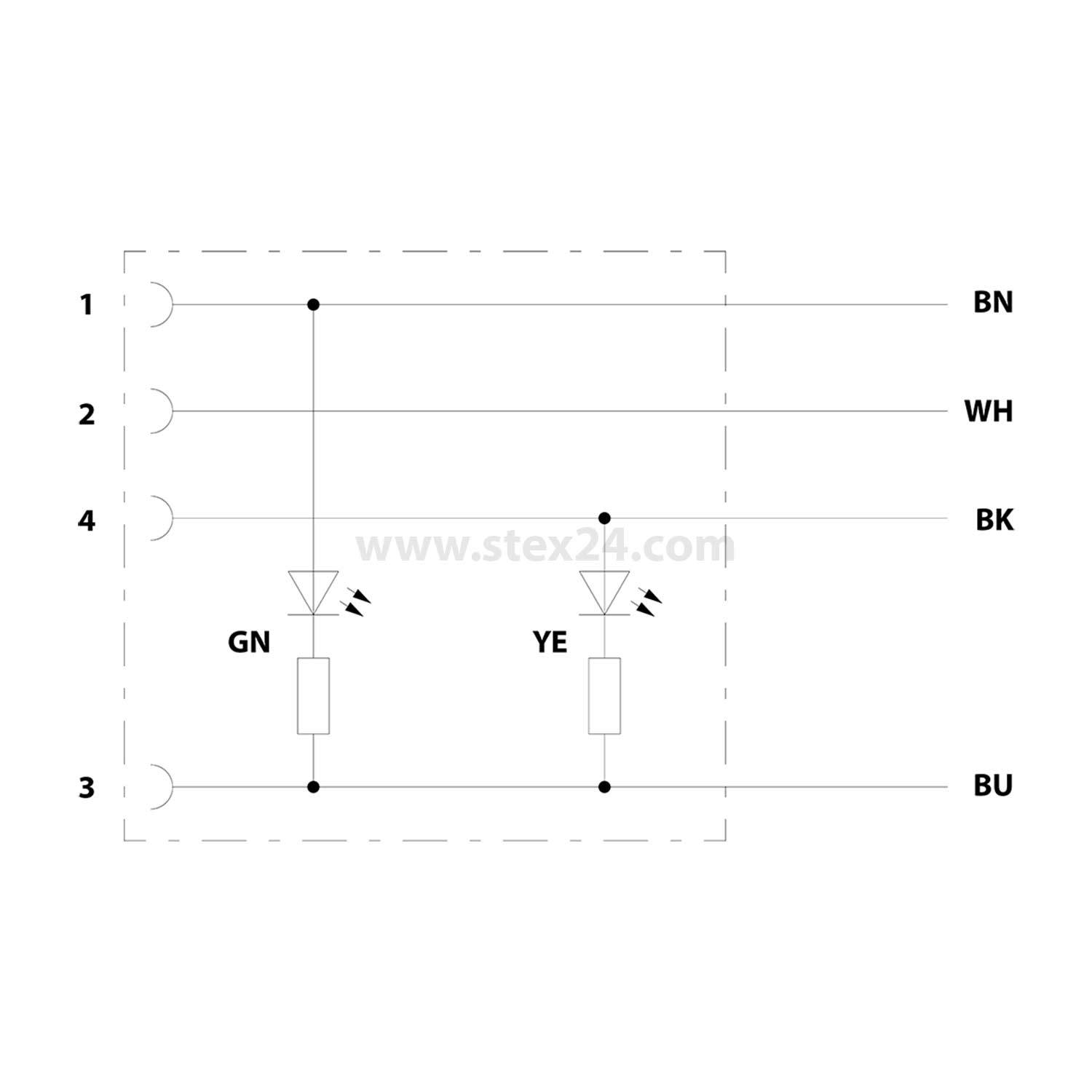 Elektrisches Diagramm mit folgenden Verbindungen: GN nach YE und BN nach WH; Klemmen 1-4, mit Symbolen für Dioden und Widerstände.