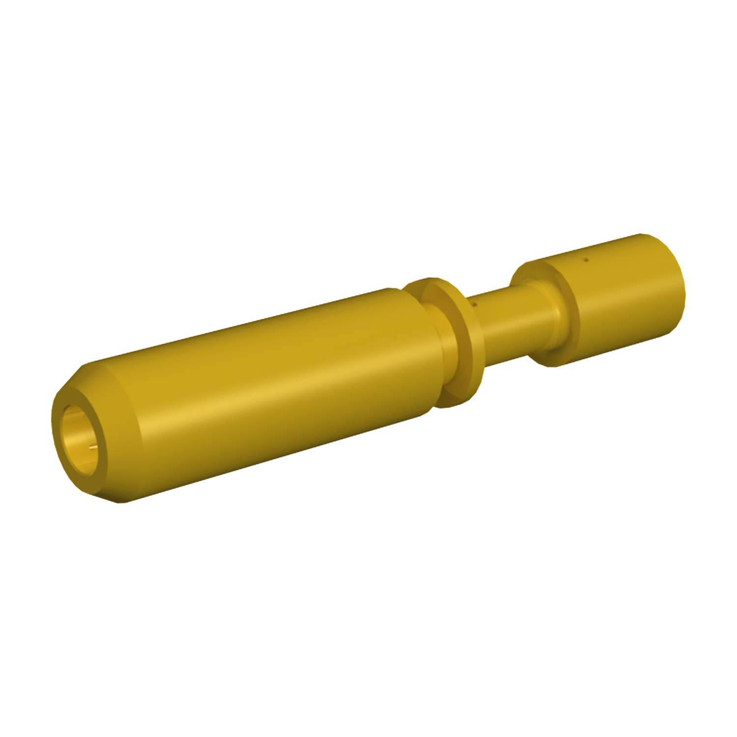 Eine 3D-Darstellung einer gelben Zylinder-Komponente mit unterschiedlichen Durchmessern entlang ihrer Länge, die typischerweise in mechanischen Baugruppen verwendet wird.