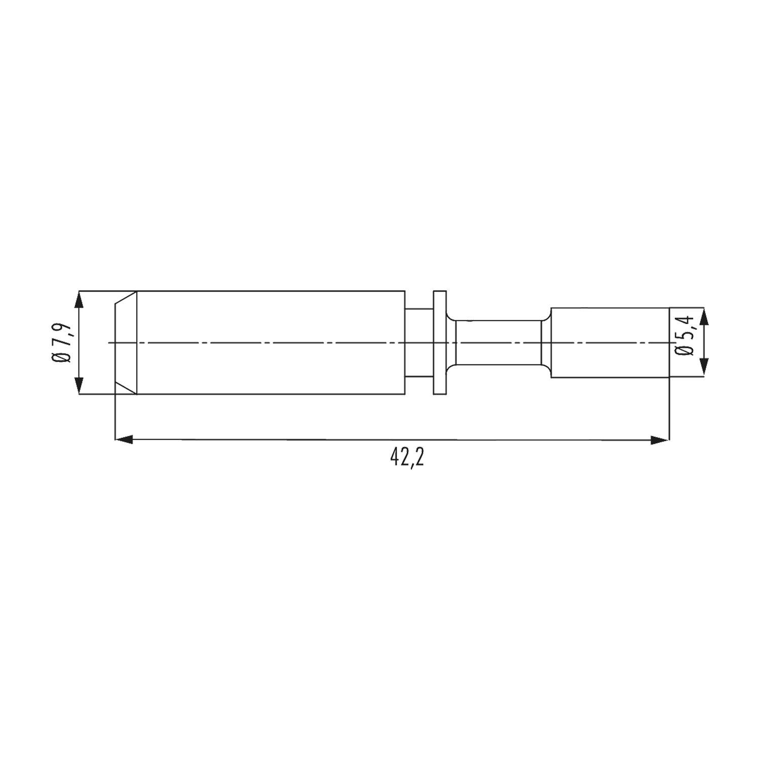 Technische Zeichnung einer zylindrischen Maschinenkomponente mit Messungen: Gesamtlänge 42,2 Einheiten, linker Durchmesser 7,9, rechter Durchmesser 5,4.