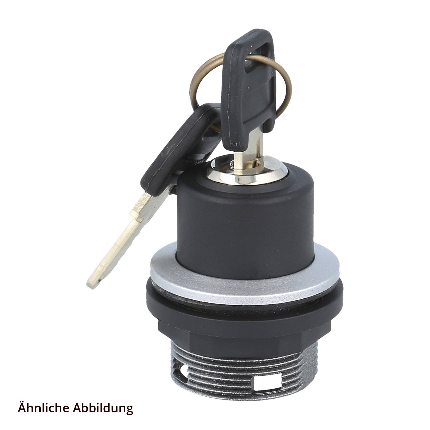 Ein Zylinderschloss mit zwei eingesteckten Schlüsseln, versehen mit einem schwarzen Gehäuse und einem Metallring zur Befestigung.