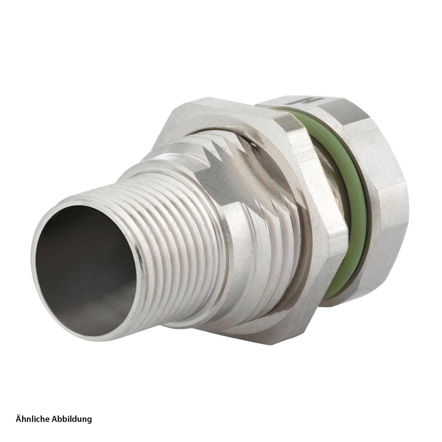 Metall-Kabelverschraubung mit grünem Dichtungsring, mit Gewindekörper und sechseckiger Mutter, üblicherweise in elektrischen Installationen verwendet.