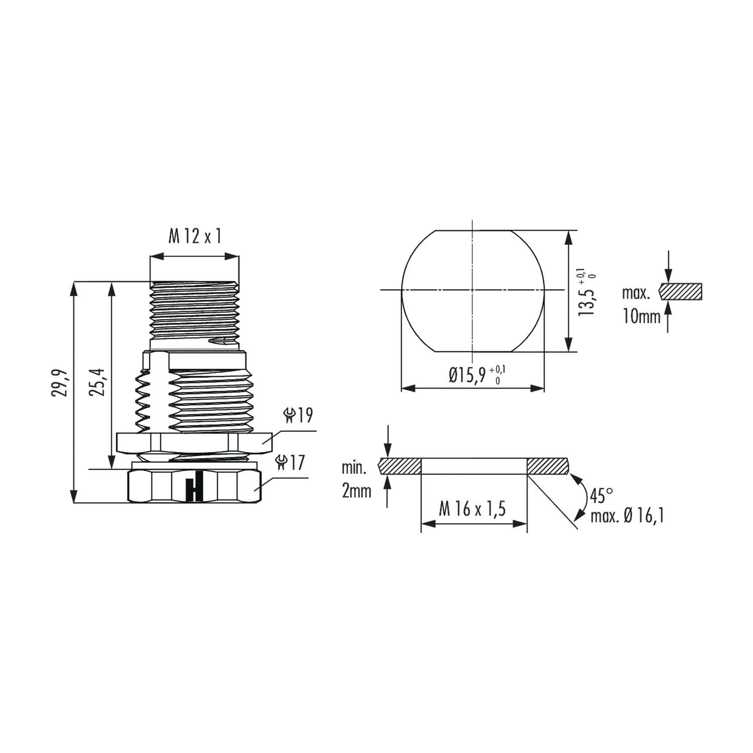 Technische Zeichnung einer Metallkomponente mit Gewinde, mit folgenden Abmessungen: M12x1, Höhe 29,9 mm, Basisdurchmesser 15,9 mm, Gewindelänge 25,4 mm.