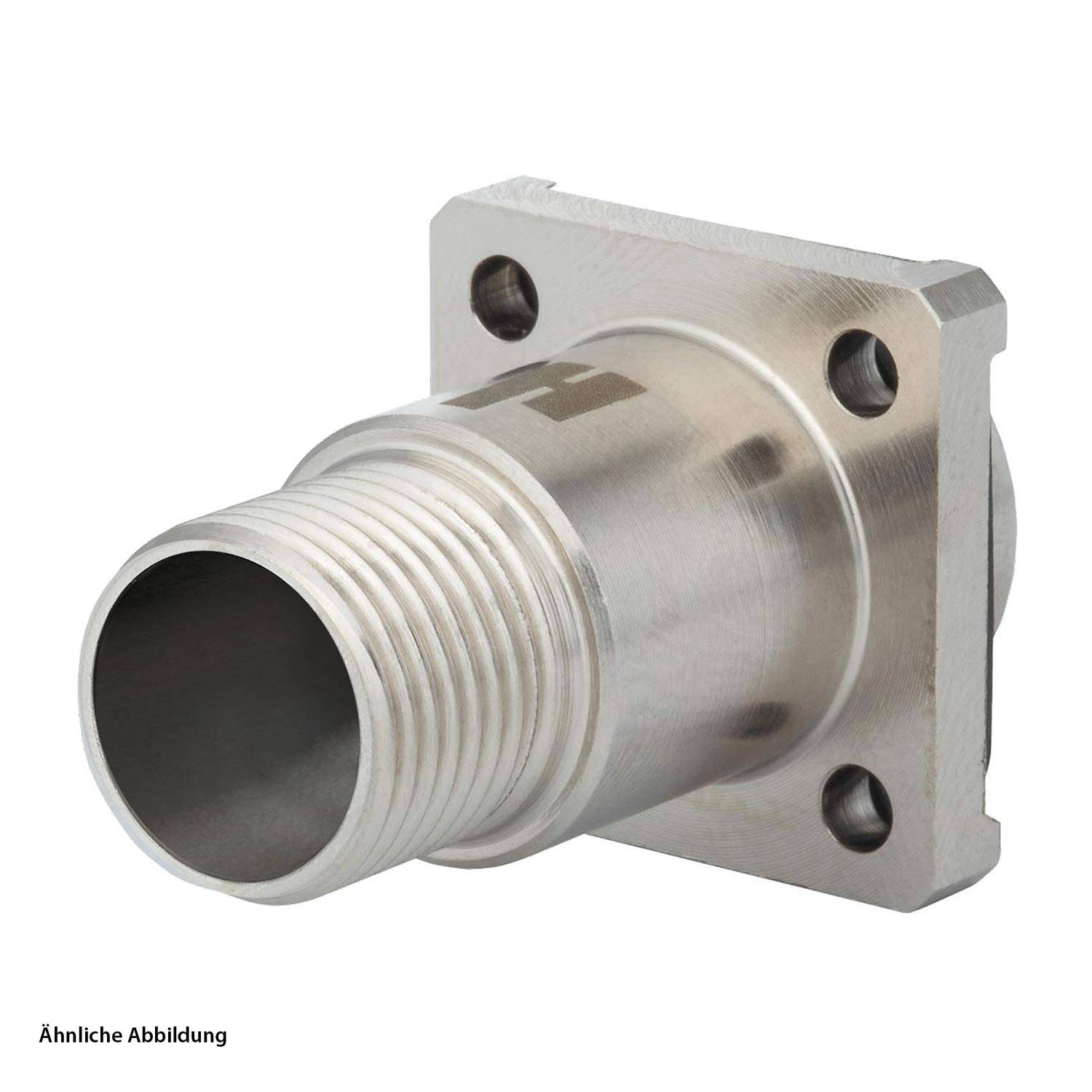 Ein metallischer Gewindeverbinder mit einer quadratischen Montageflansche für industrielle oder mechanische Anwendungen.