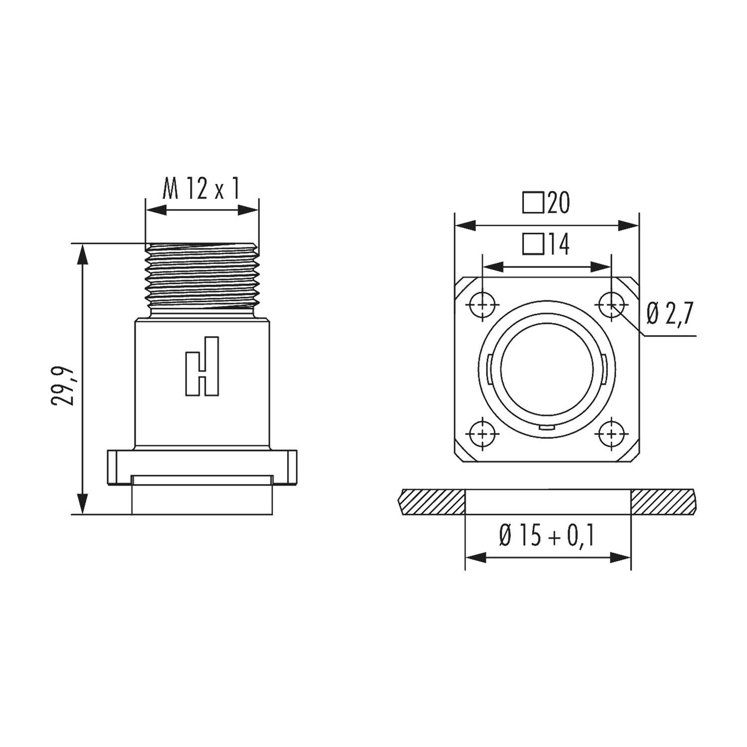 Technische Zeichnung einer mechanischen Komponente mit Maßangaben. Zeigt einen zylindrischen Teil mit gewindeter Oberseite (M 12 x 1) und einer quadratischen Grundfläche mit 20 mm Seitenlänge, mit verschiedenen Durchmessermessungen.