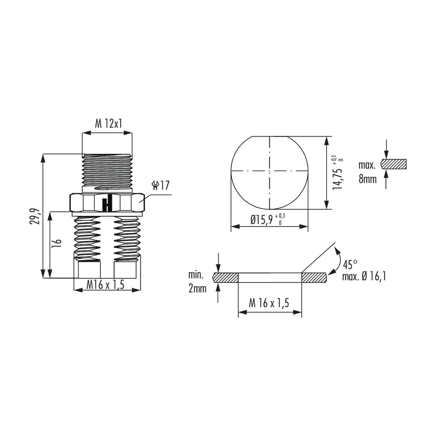 Technische Zeichnung einer Gewindeschraube mit Abmessungen: Höhe 29,9 mm, Breite 16 mm. Ansichten von oben und der Seite mit Schrägschnitten dargestellt.