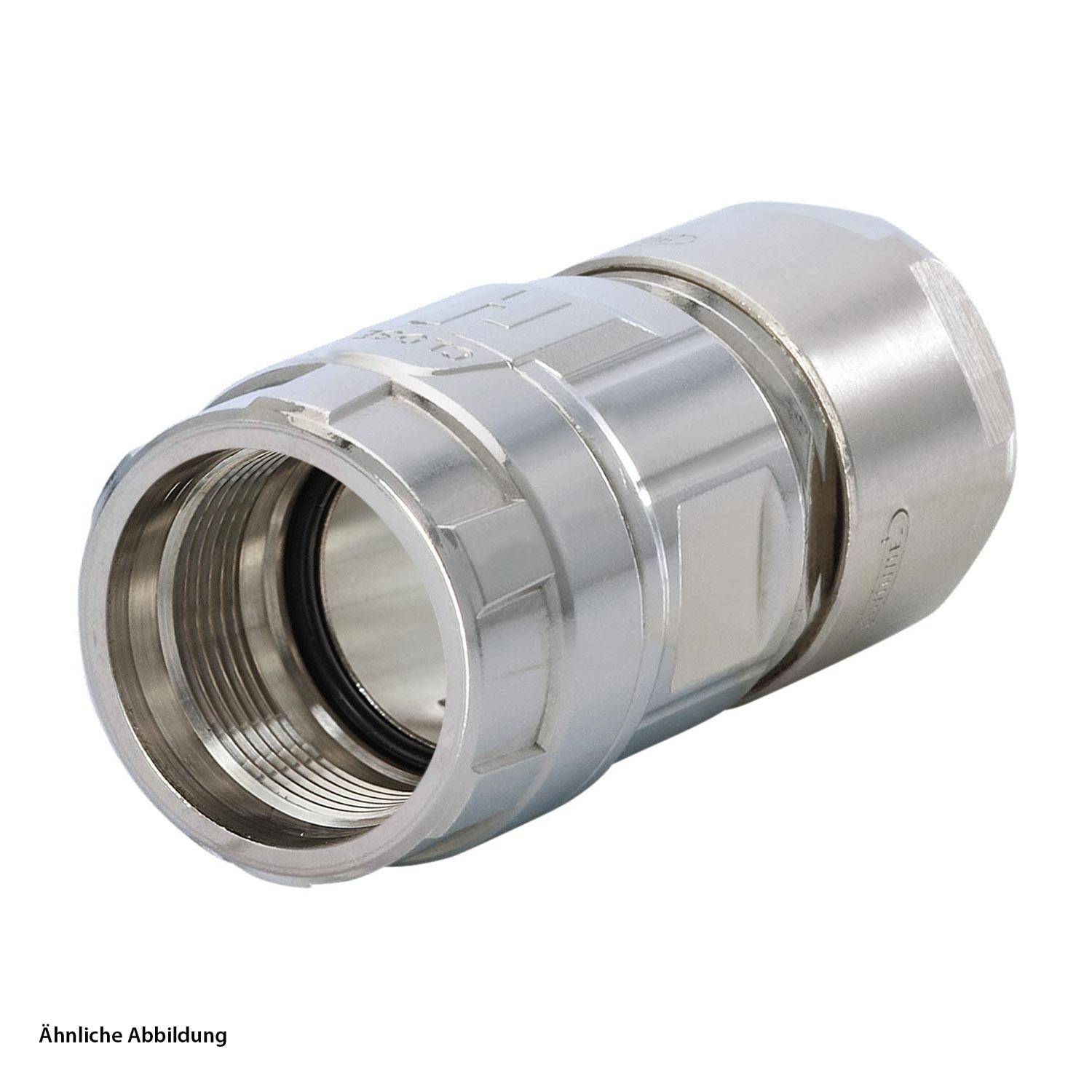 Ein metallischer Verbinder wird gezeigt, der einen sechseckigen Griff und ein gewindetes Ende aufweist und für das Verbinden von Rohren oder Schläuchen in Sanitärsystemen konzipiert ist.