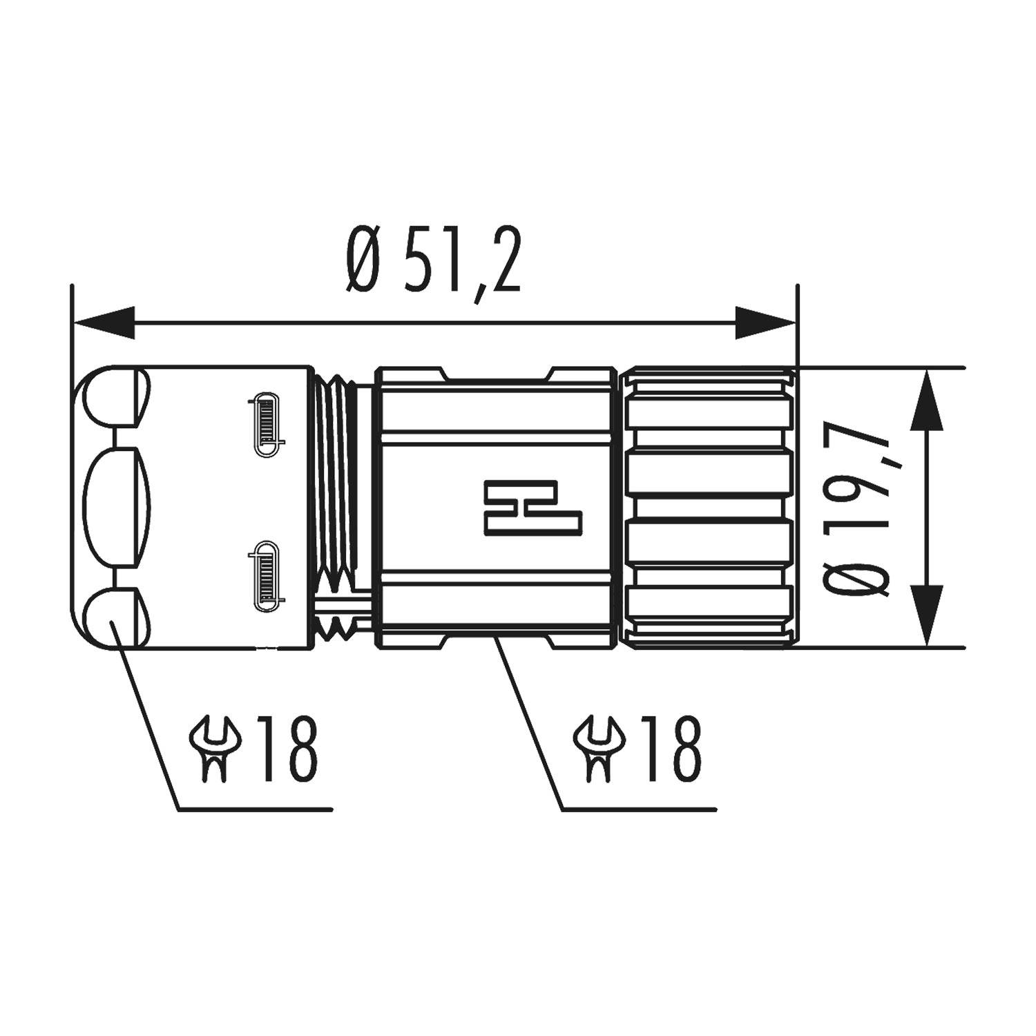 Eine technische Zeichnung eines zylindrischen Objekts mit folgenden Maßen: Durchmesser 51,2 mm, Länge 119,7 mm, zwei Schraubenschlüsselausnehmungen von 18 mm.