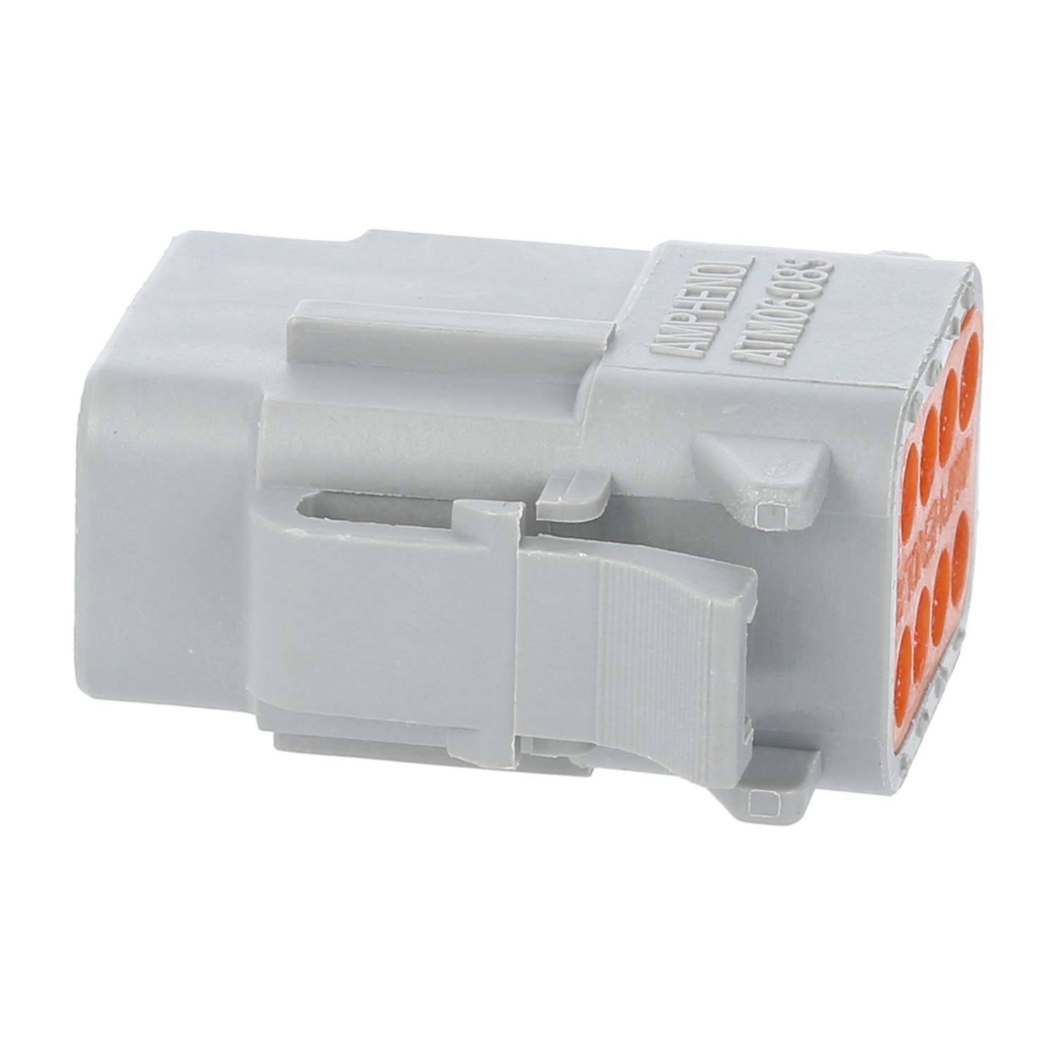 Ampseal Anti-Vibration' grauer rechteckiger Stecker mit sechs orangefarbenen kreisrunden Anschlüssen, entwickelt für sichere elektrische Verbindungen in Kraftfahrzeuganwendungen.