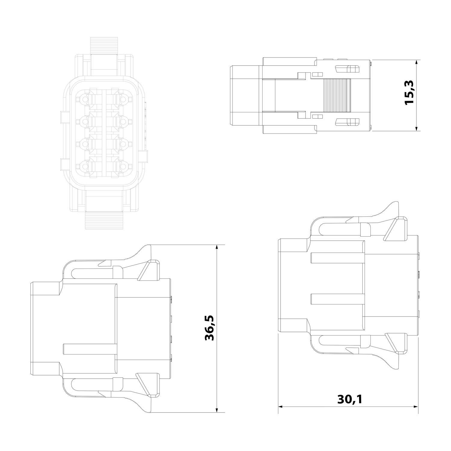 Technische Zeichnung eines Verbinders mit Maßen: Draufsicht beträgt 15,3 mm, Seitenansicht beträgt 36,5 mm und Frontansicht beträgt 30,1 mm.