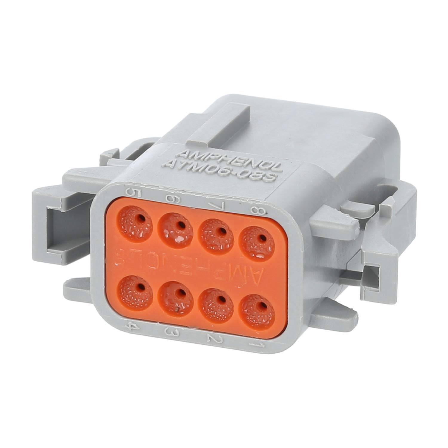 Grauer 6-poliger rechteckiger Elektroverbinder mit orangefarbenem Innenbereich, mit der Beschriftung „Amphenol AT06-6S