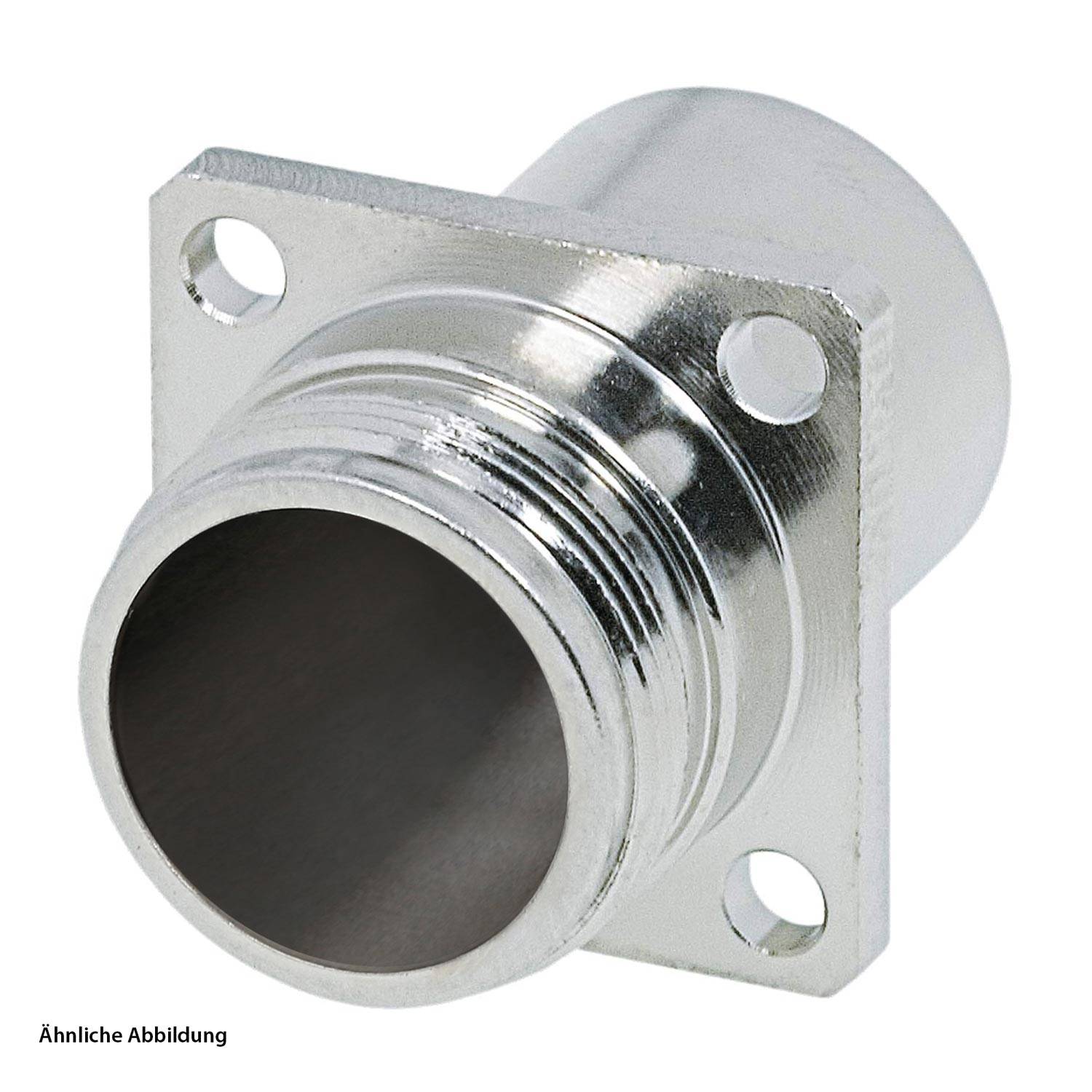 Eine Nahaufnahme eines metallischen zylindrischen Verbindungsstücks mit einer geflanschten Basis, die vier Befestigungslöcher aufweist, dargestellt in einer Frontalansicht.