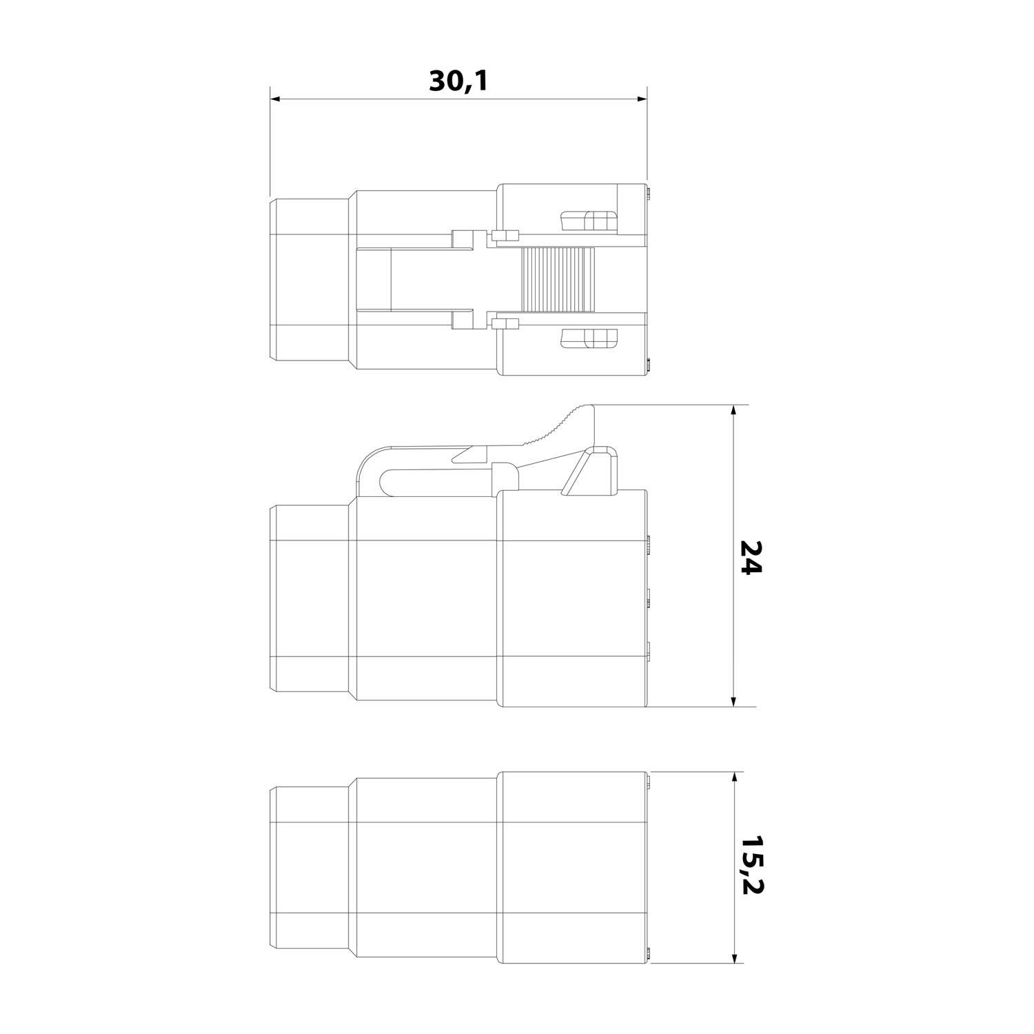 Technische Zeichnung eines Verbinders mit drei Ansichten. Draufsicht zeigt eine Länge von 30,1 Einheiten, Seitenansichten zeigen Höhen von 24 und 15,2 Einheiten.
