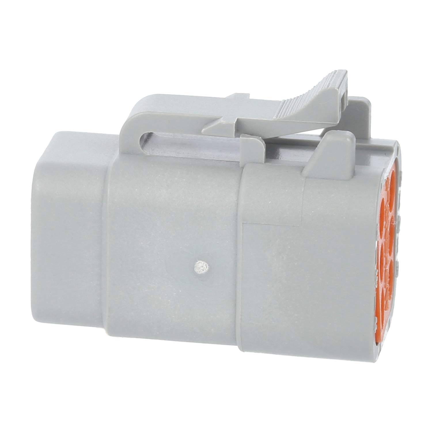 Ein grauer rechteckiger elektrischer Anschluss mit einer orangefarbenen Vorderseite und mehreren Schlitzen wird gezeigt.