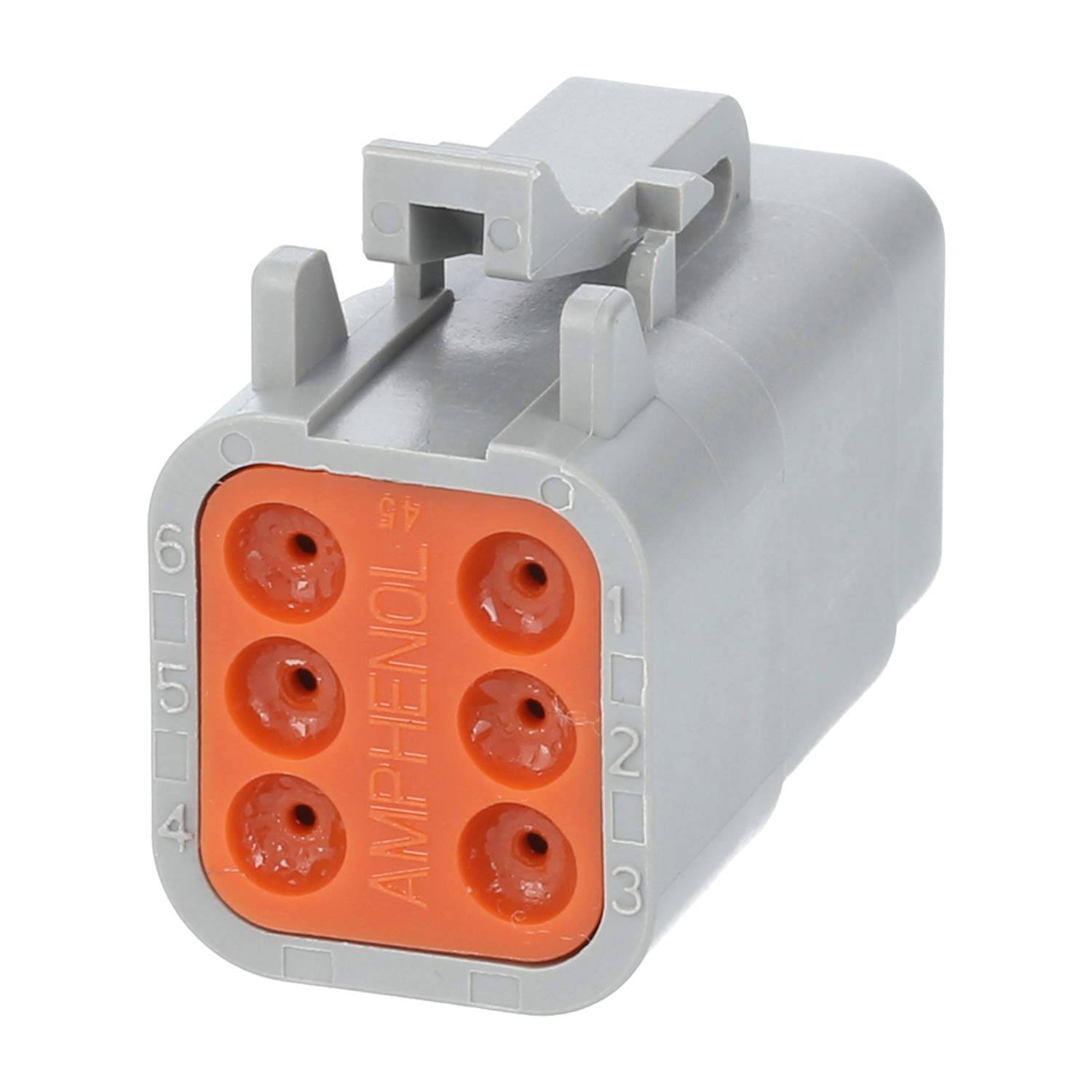 Ein sechspoliger elektrischer Steckverbinder von Amphenol, in grau und orange, für industrielle und automotive Anwendungen.