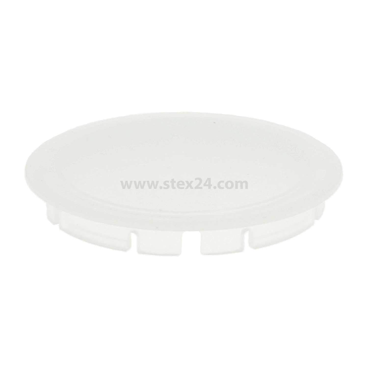 Eine schlichte weiße runde Kappe mit glatter Oberfläche und kleinen Laschen am Rand, die zum Verschließen von Behältern verwendet wird.