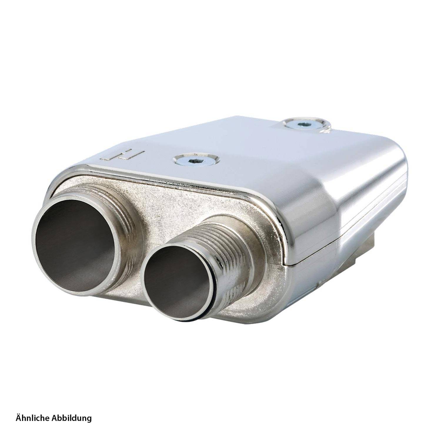 Ein metallischer Zwei-Port-Industrieverbinder mit elegantem Design, der ein robustes und widerstandsfähiges Gehäuse aufweist und für mechanische Anwendungen verwendet wird.