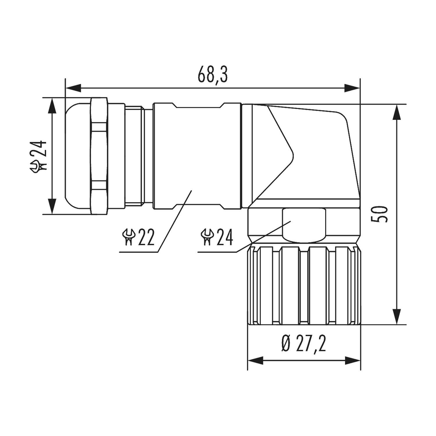 Technische Zeichnung eines Rohranschlusses: Seitenansicht mit Maßangaben. Länge 68,3 mm, Höhe 50 mm, Durchmesser von 27,2 mm auf 24 mm.