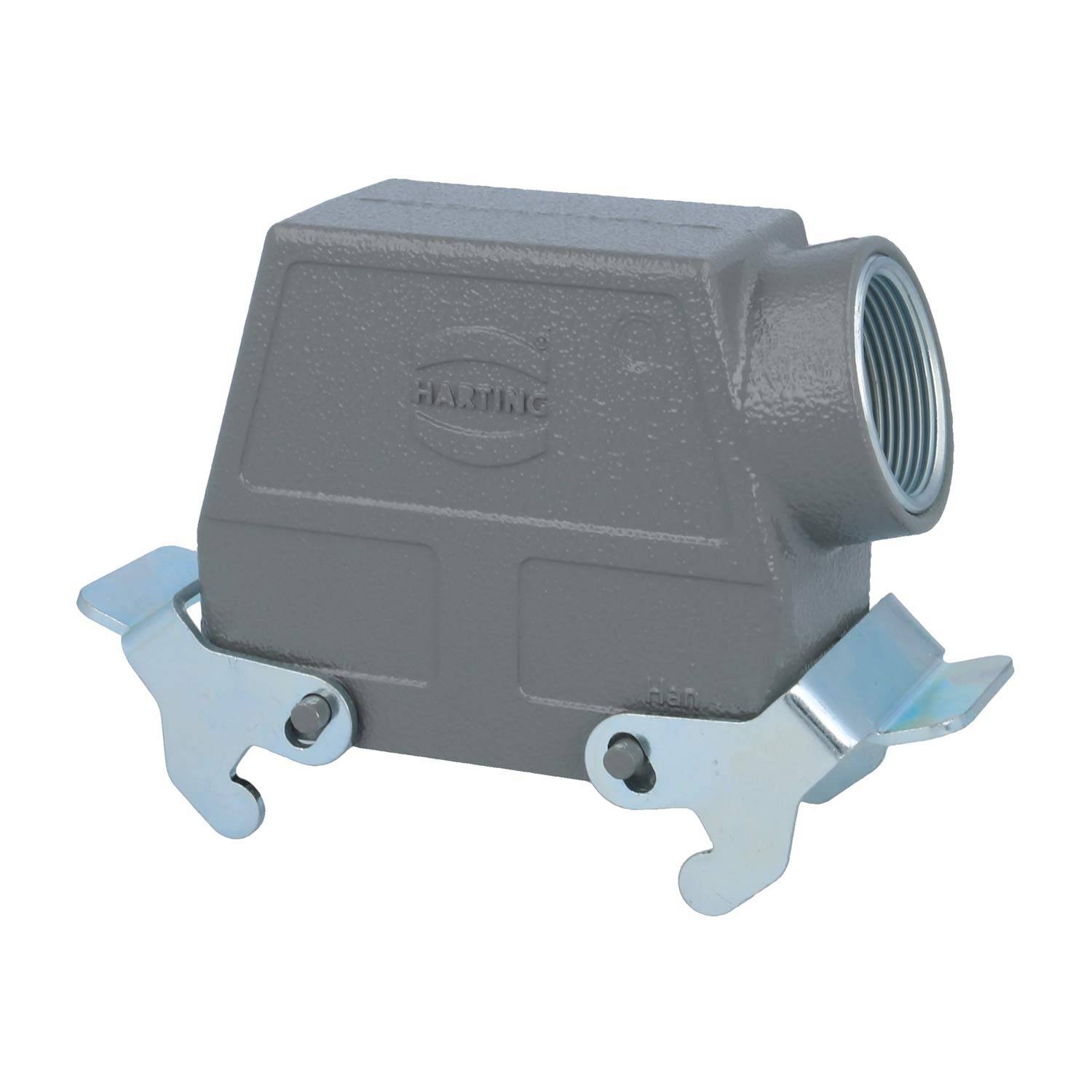 Rechteckiges graues elektrisches Anschlussgehäuse mit seitlichen Metallverriegelungen zur Sicherung von Verbindungen, gekennzeichnet mit HARTING.