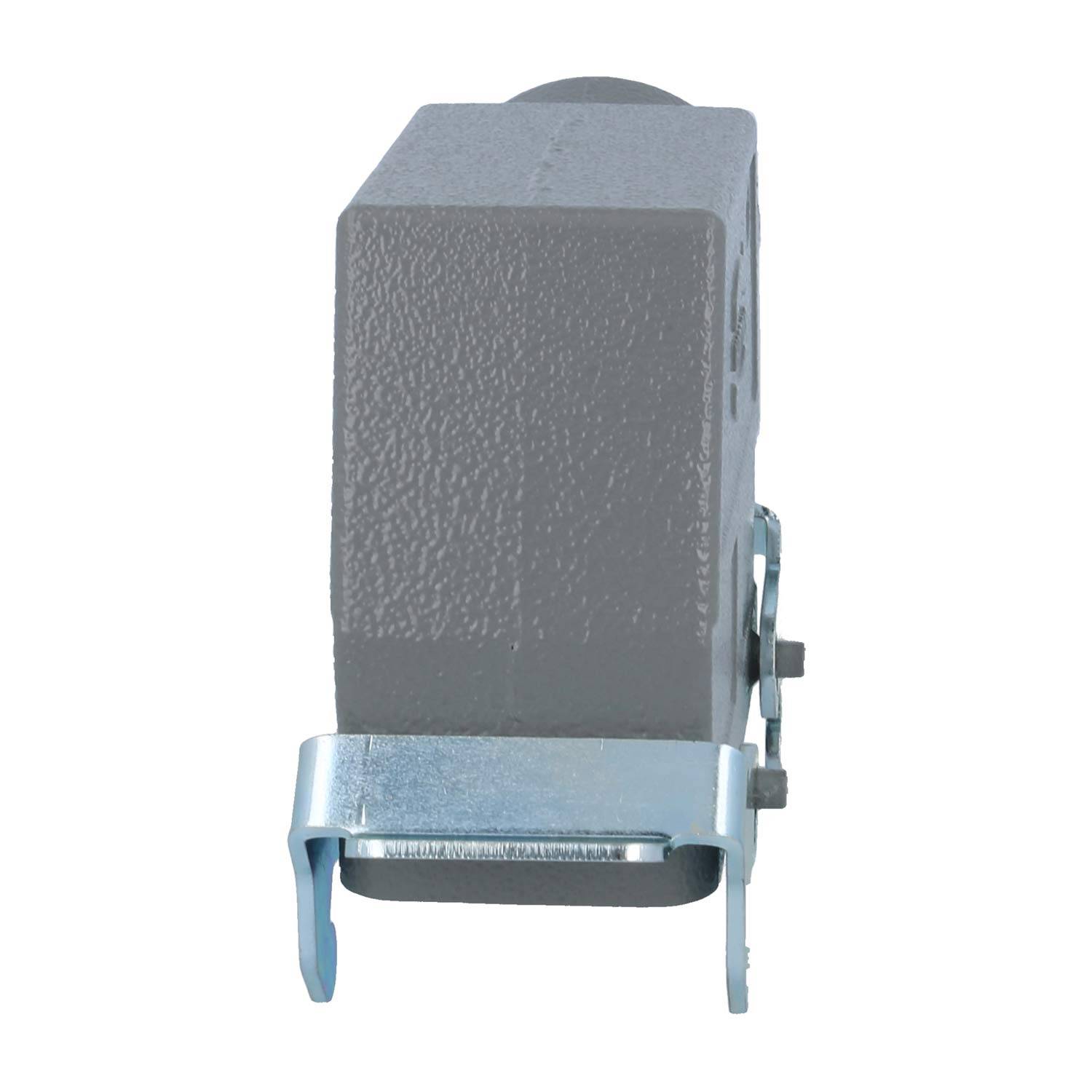 Eine quadratische graue Metallverteilerdose mit einer silbernen Metallbefestigungshalterung, die zur Aufnahme und zum Schutz elektrischer Verbindungen verwendet wird.