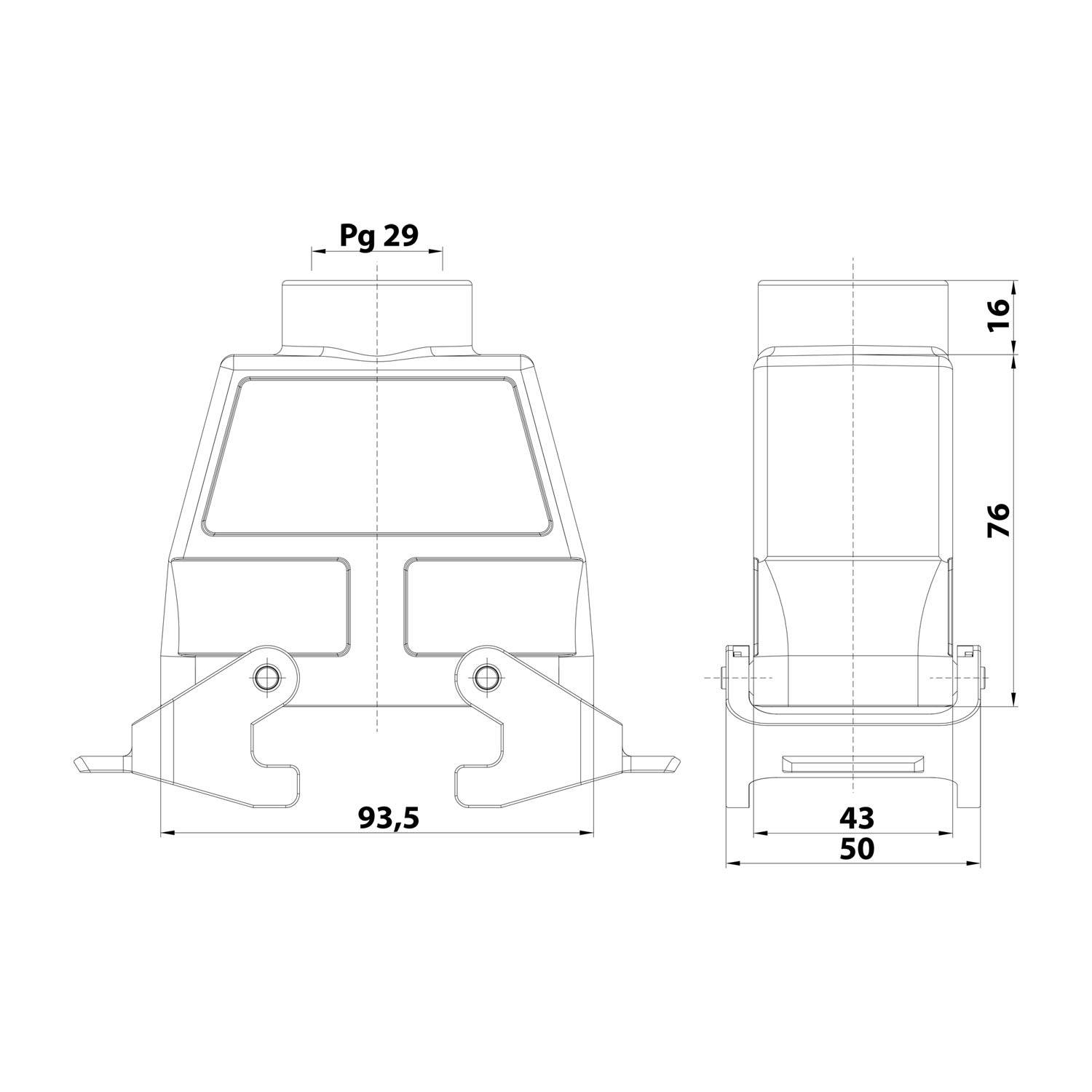 Technische Zeichnung eines Connectors mit beschrifteten Abmessungen: Breite 93,5 mm, Tiefe 50 mm und Höhe 76 mm; Pg-29-Markierung oben.