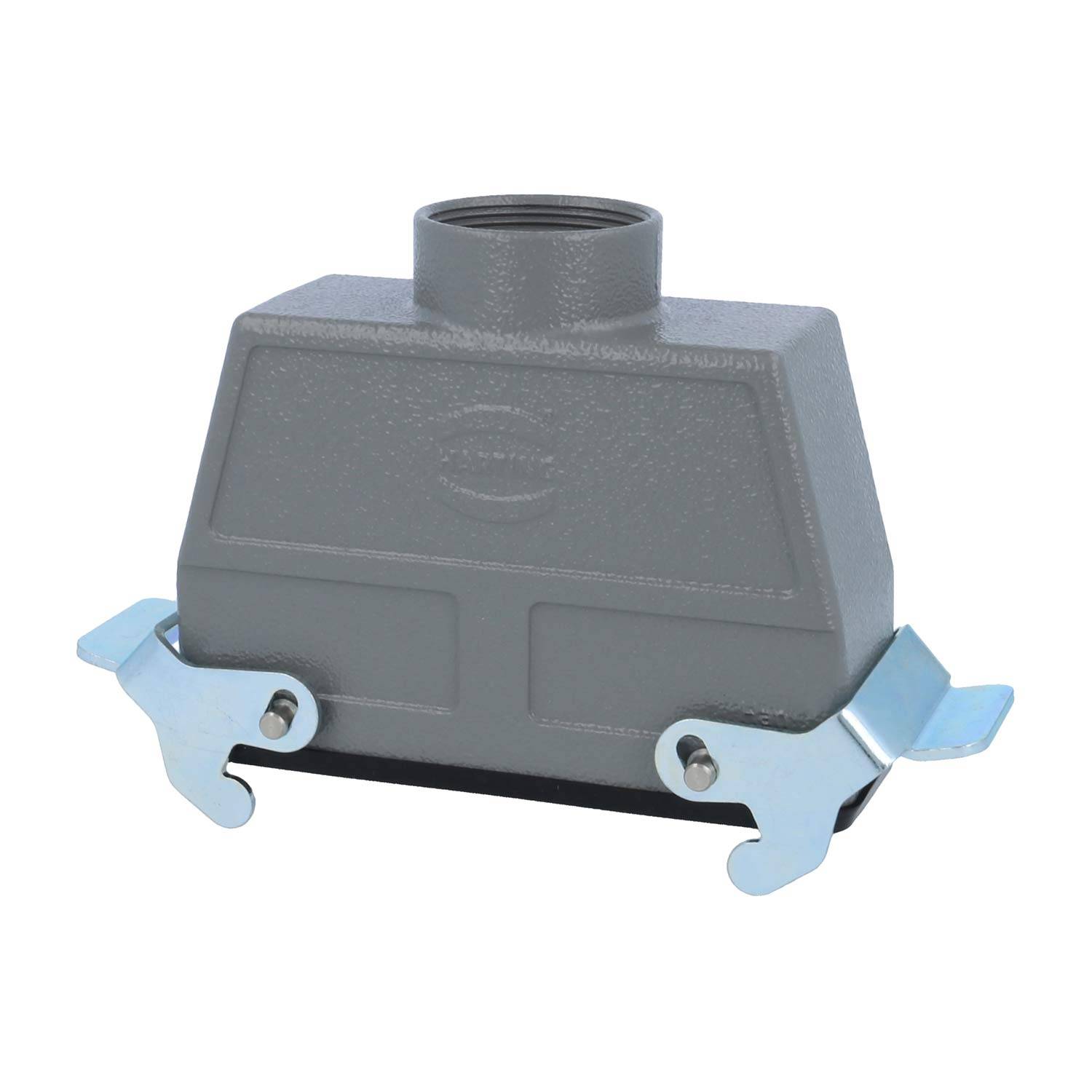 Ein grauer, rechteckiger industrieller Anschlussgehäuse mit zwei Metallverriegelungen an den Seiten für eine sichere Befestigung.