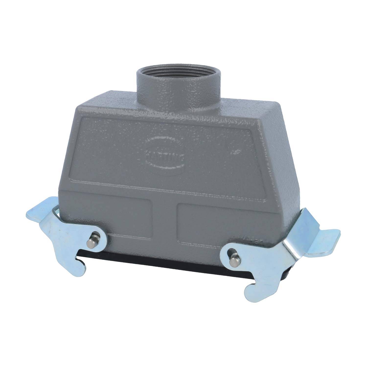 Rechteckiges graues Metallgehäuse für industrielle Verbinder mit oberer Gewindebohrung und seitlichen Metallverriegelungen für sichere Befestigung.