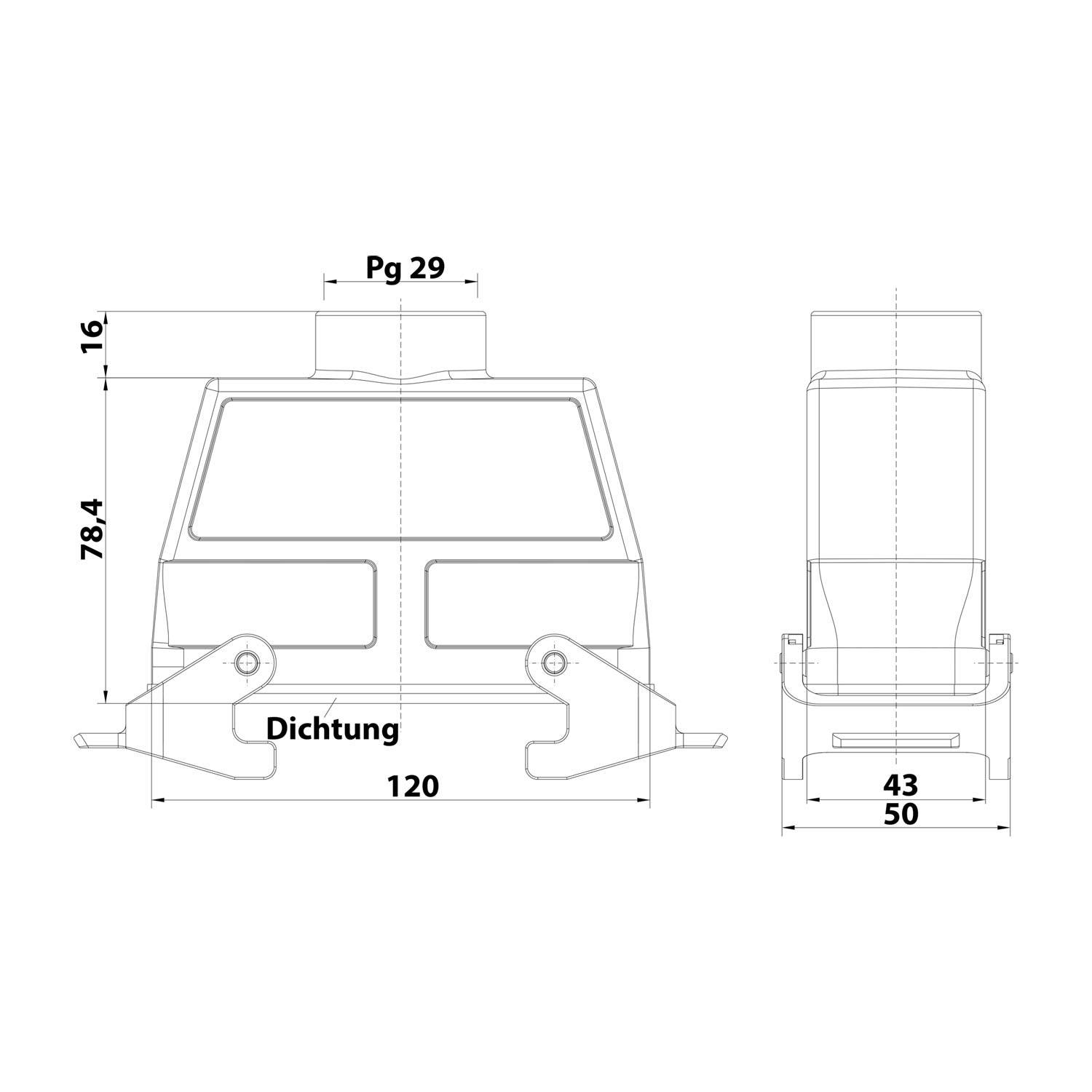 Technische Zeichnung einer rechteckigen Komponente mit Abmessungen: 120x78,4x50 mm. Beschriftung lautet „Dichtung.